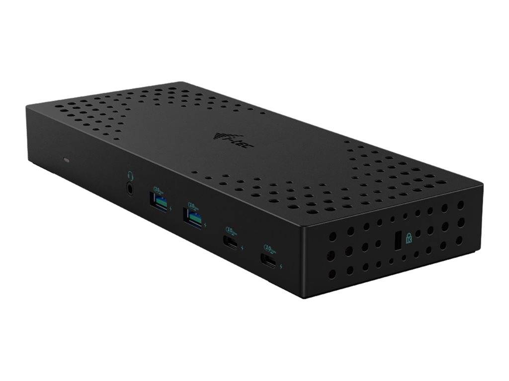 Schwarzes rechteckiges elektronisches Gerät mit Belüftungslöchern, vorderen USB- und Audio-Anschlüssen und einem Schlosssymbol am rechten Ende.
