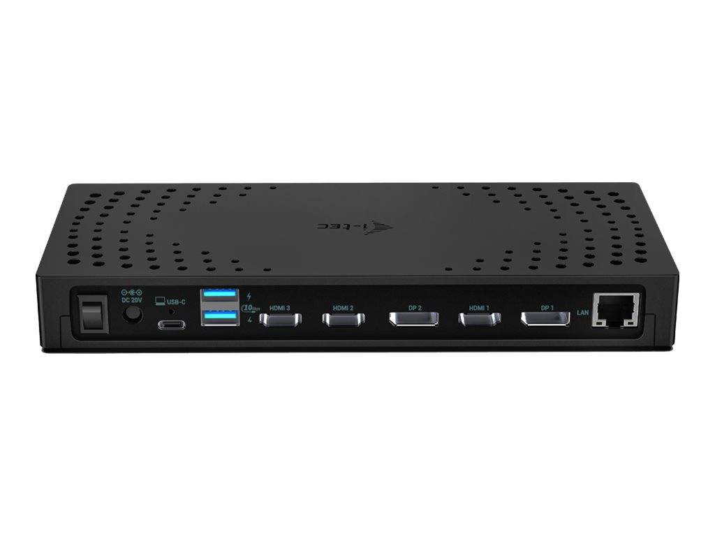 Schwarzer Media-Player oder Mini-PC Vorderansicht mit Stromschalter, USB-Anschlüssen, HDMI-Anschlüssen und Ethernet-Buchse auf der rechten Seite.
