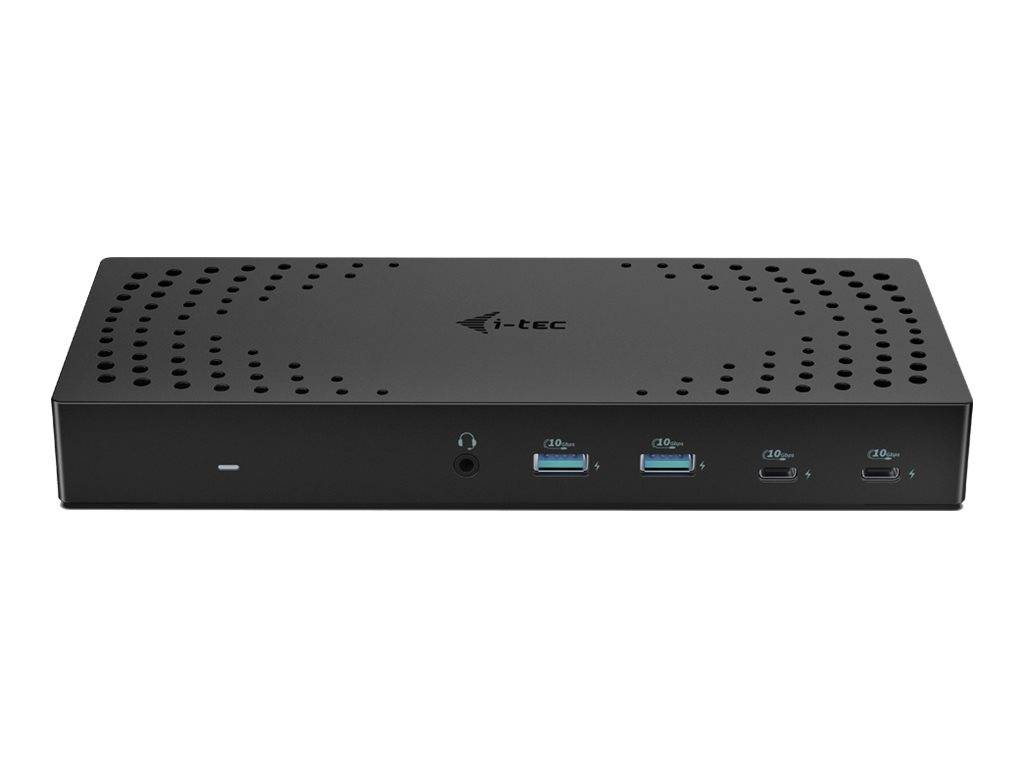 Schwarzes rechteckiges Mini-PC-Gehäuse mit perforierter oberer Belüftung und Frontpanel-Anschlüssen: Kopfhörerbuchse, zwei USB-A und zwei USB-C-Anschlüsse.