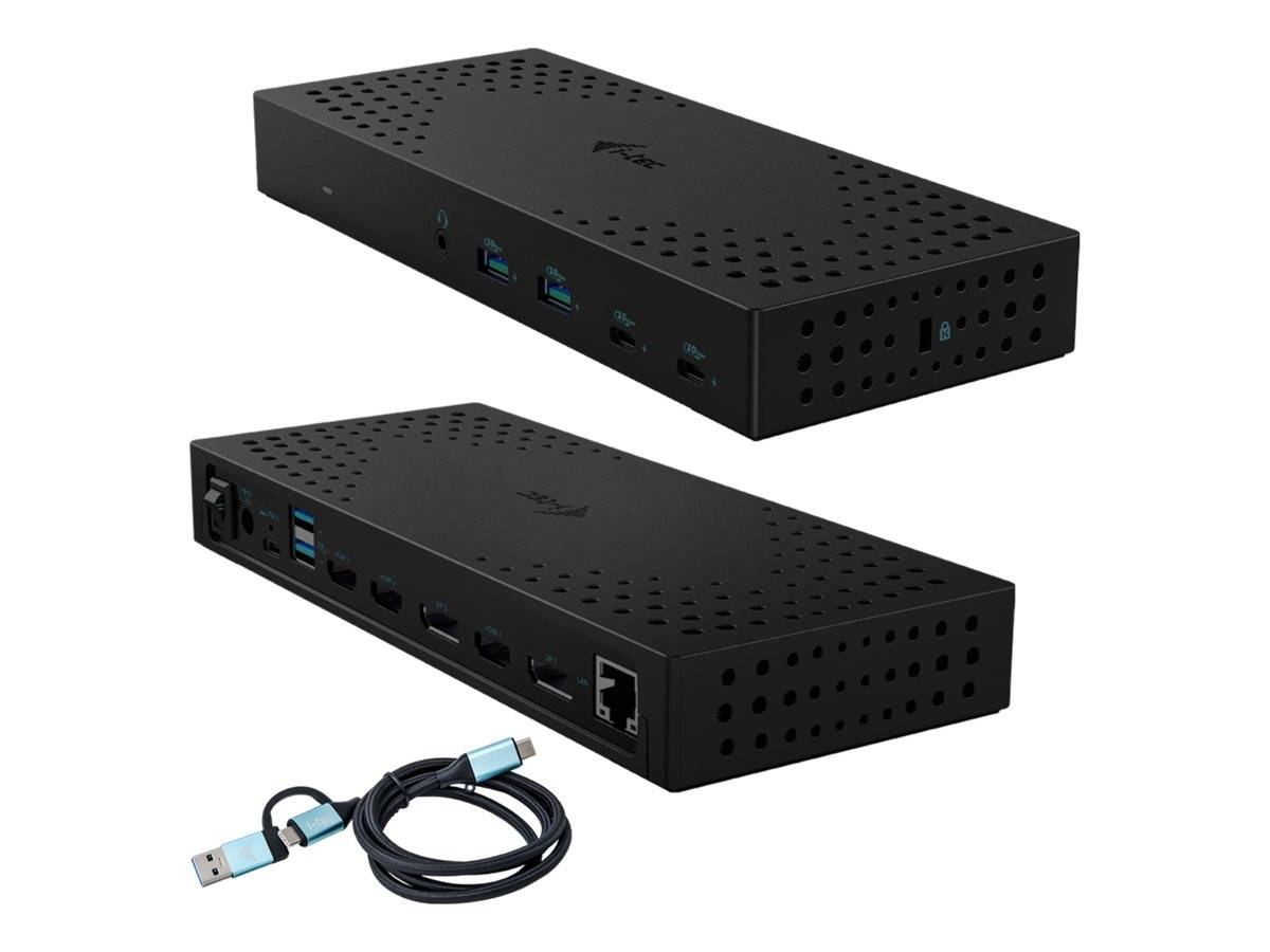 Zwei schwarze perforierte Dockingstationen von oben und von vorne gezeigt, mit enthaltenem USB-Kabel.