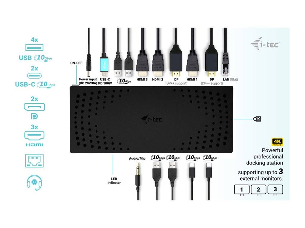 i-tec Dockingstation mit mehreren Anschlüssen, einschließlich USB, USB-C, 2 DisplayPort, 3 HDMI, LAN, Audio und Unterstützung für bis zu 4K für 3 Monitore.