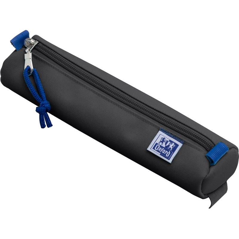 Eine schwarze und graue Federtasche mit Reißverschluss, einem blauen Zugband und einem 'Oxford'-Etikett an der Seite.