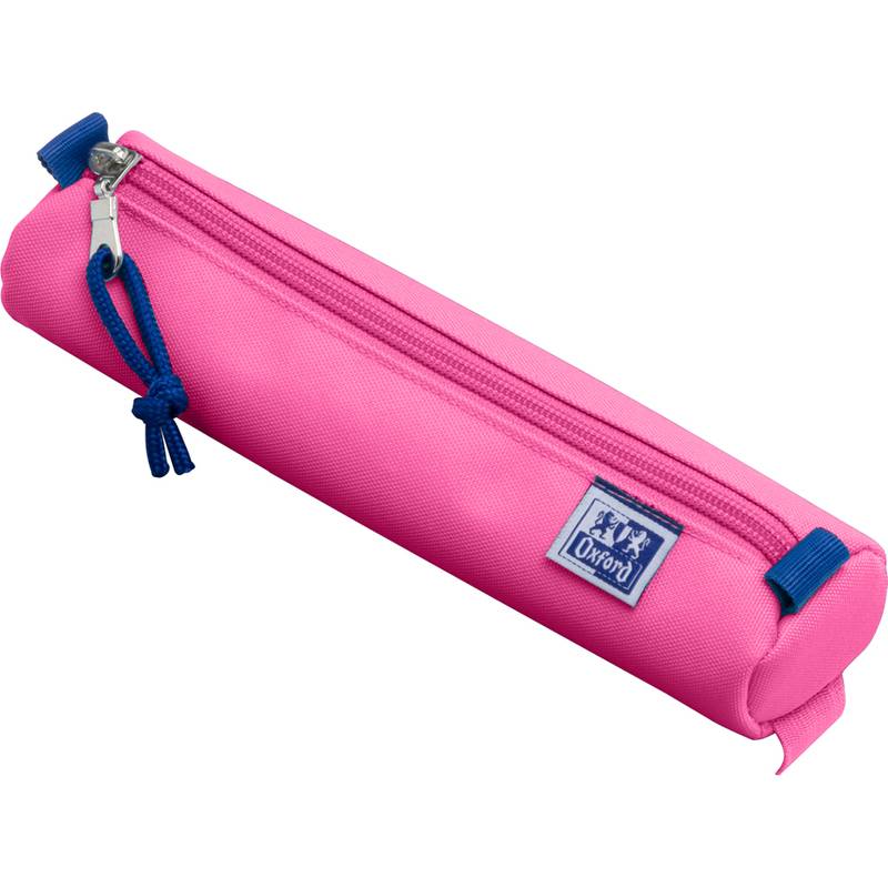 Ein rosa zylindrisches Federmäppchen mit einem blauen Reißverschluss-Anhänger und einem blauen 'Oxford' Etikett.