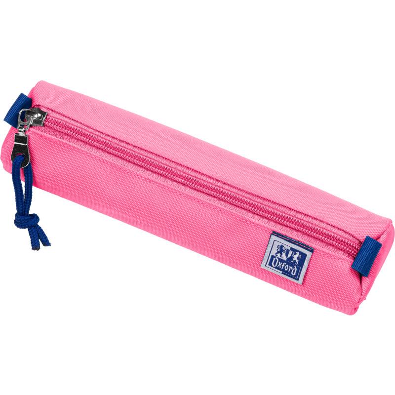 Ein pinker Stoff-Federmäppchen mit einem blauen Reißverschluss und einem 'Oxford' Etikett, versehen mit einem blauen Reißverschluss-Anhänger.