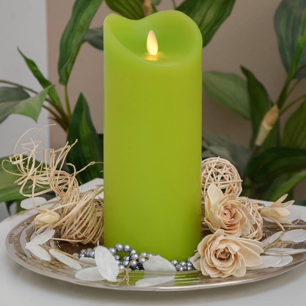 LED Kerze Echtwachskerze mit Timer Ø9,5cm Echtes Wachs 23cm Grün mit Flammen-Simulation