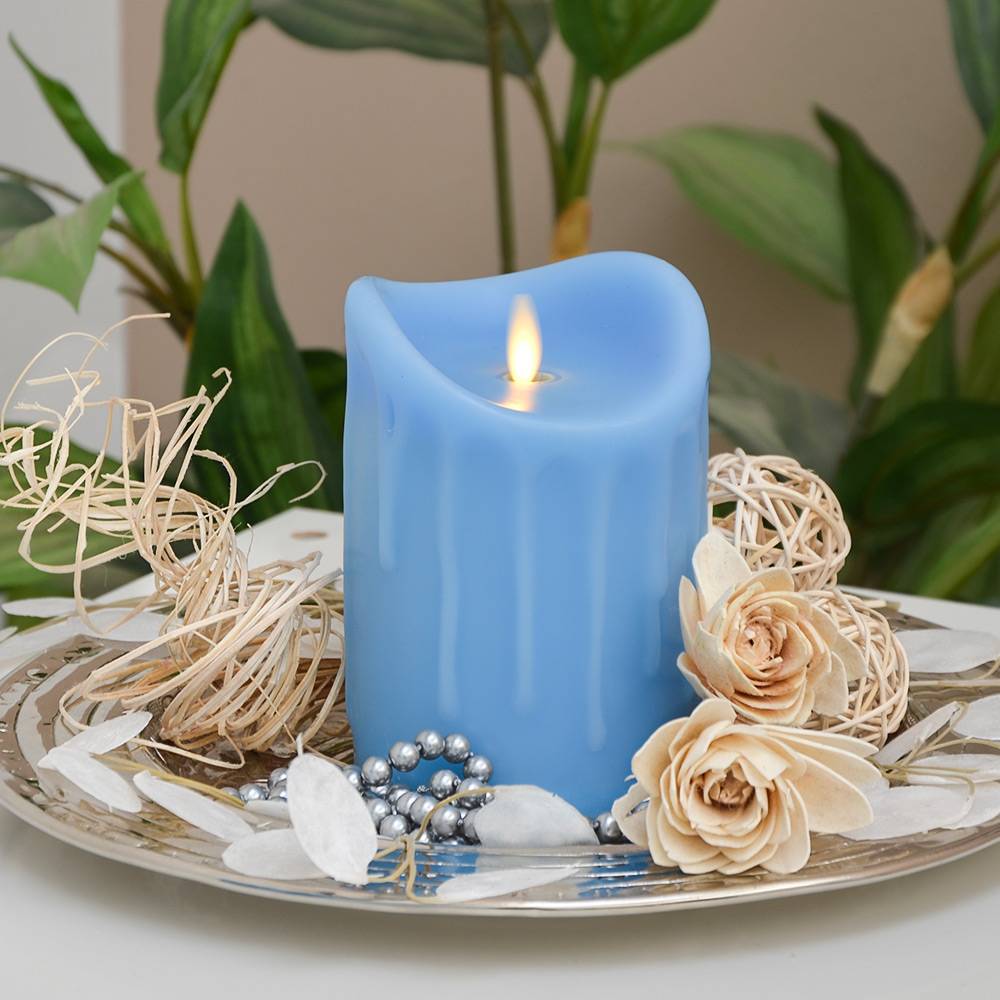 LED Kerze Echtwachskerze mit Timer Ø9,5cm Echtes Wachs 14cm Blau Tropfendesign mit Flammen-Simulation