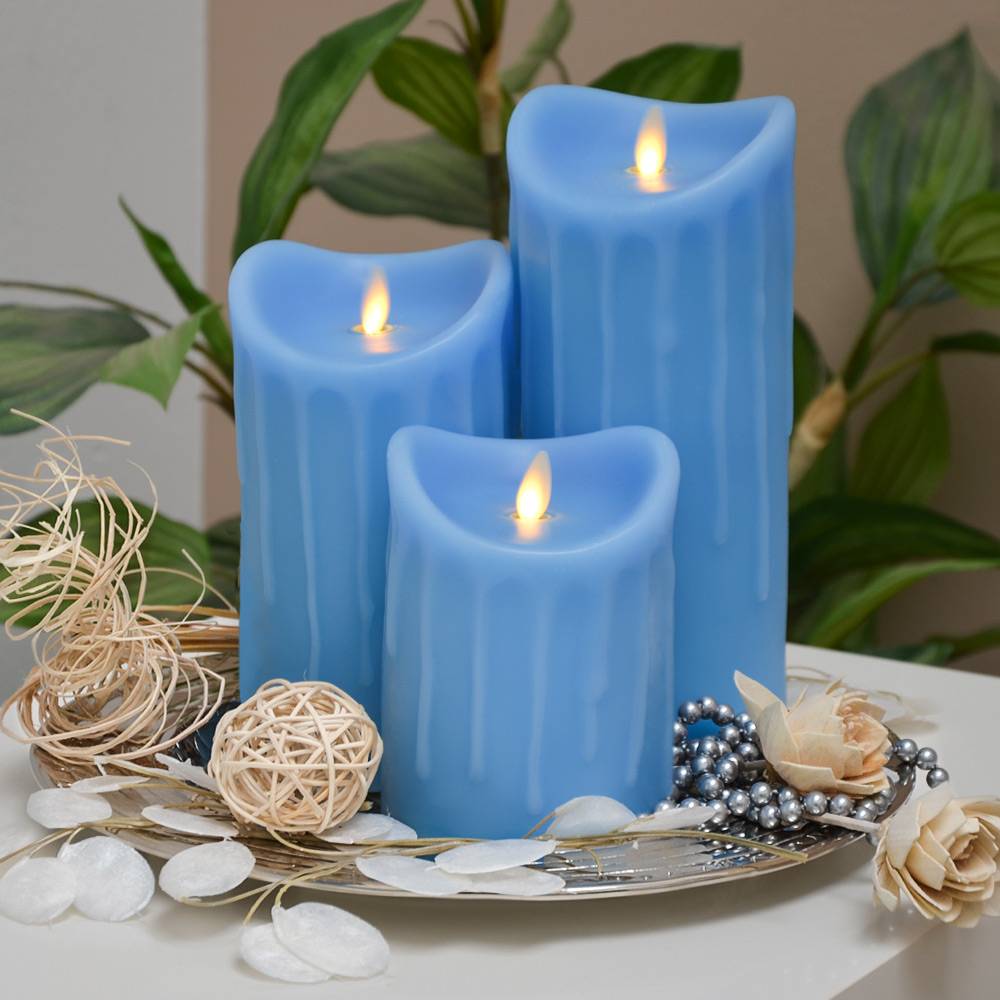 LED Kerze Echtwachskerze mit Timer Ø9,5cm Echtes Wachs 14cm Blau Tropfendesign mit Flammen-Simulation