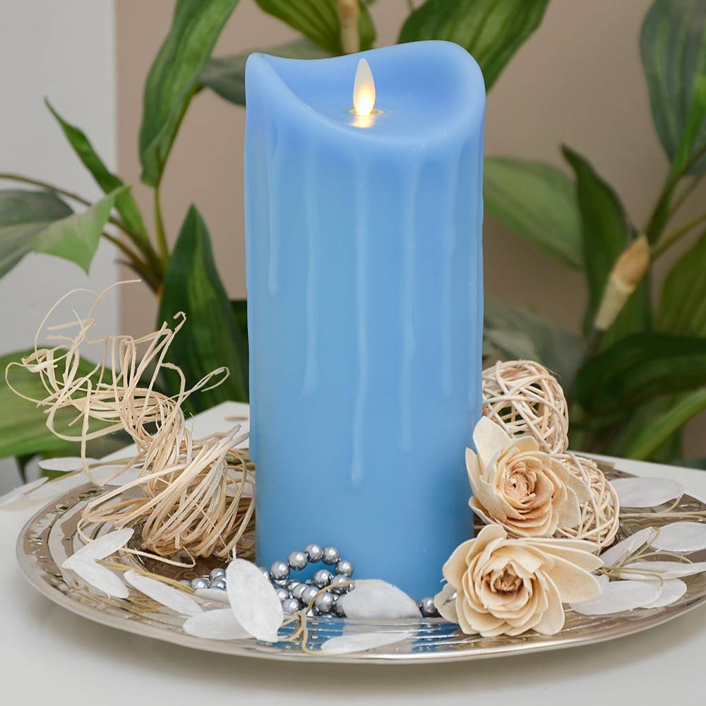 LED Kerze Echtwachskerze mit Timer Ø9,5cm Echtes Wachs 23cm Blau Tropfendesign mit Flammen-Simulation