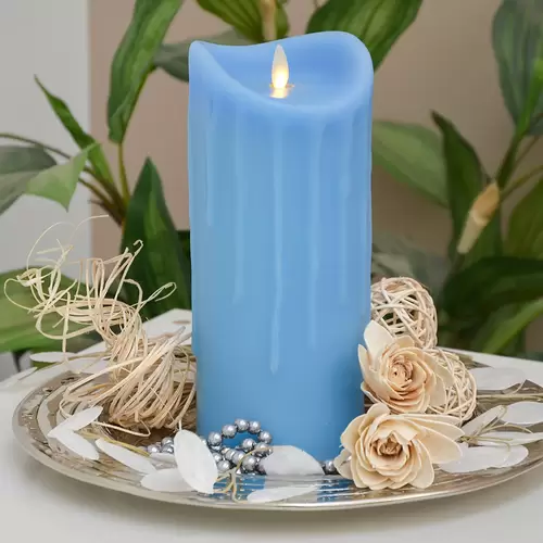 LED Kerze Echtwachskerze mit Timer Ø9,5cm Echtes Wachs 23cm Blau Tropfendesign mit Flammen-Simulation LED Kerze Echtwachskerze mit Timer Ø9,5cm Echtes Wachs 23cm Blau Tropfendesign mit Flammen-Simulation