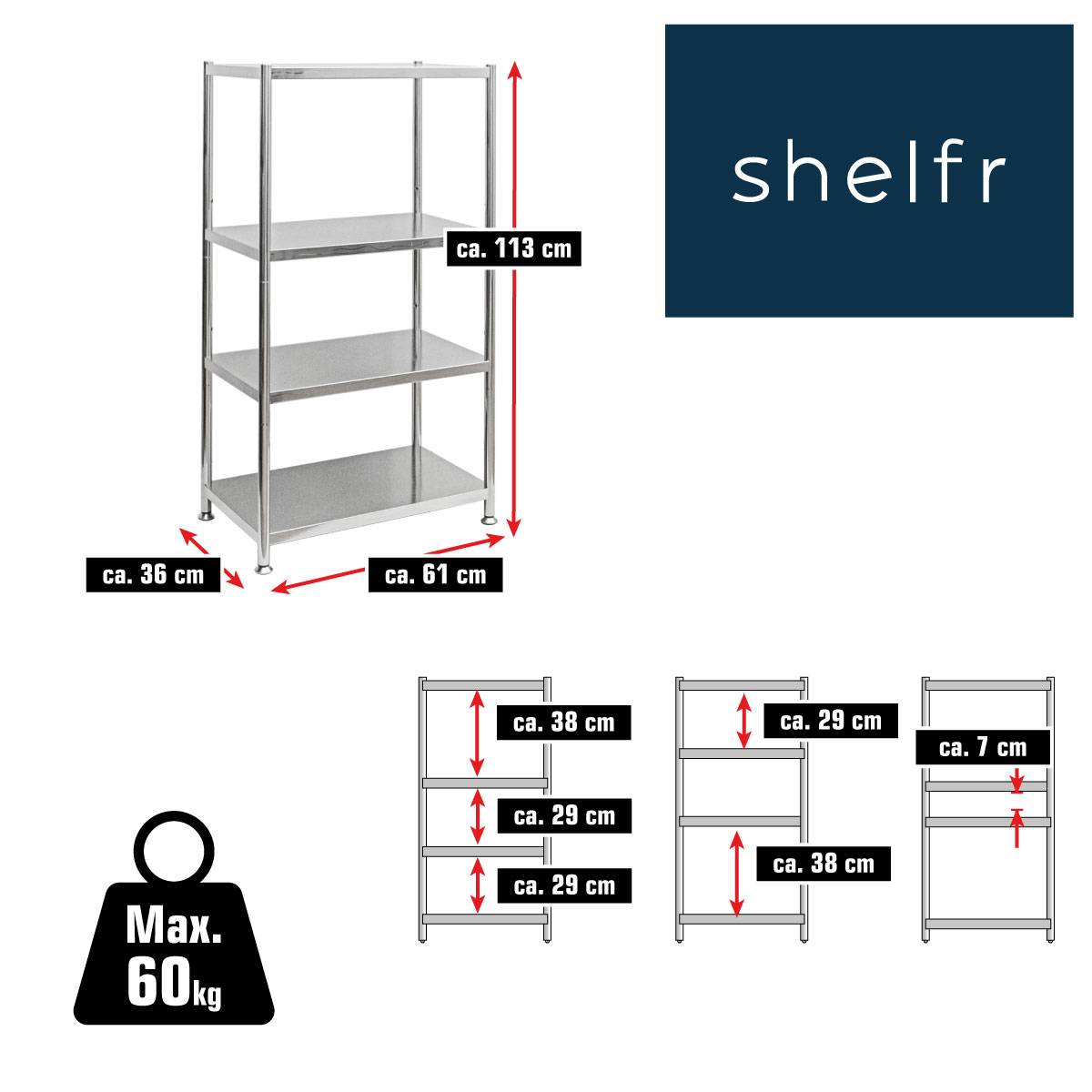 4 Ebenen Edelstahl Regal - 61x36x113 Schwerlastregal bis 60kg Metallregal Küche