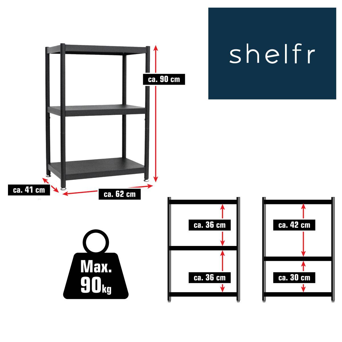 Industrial Design Metallregal 61x41x90 Standregal 3 Ebenen Metall Regal Schwarz