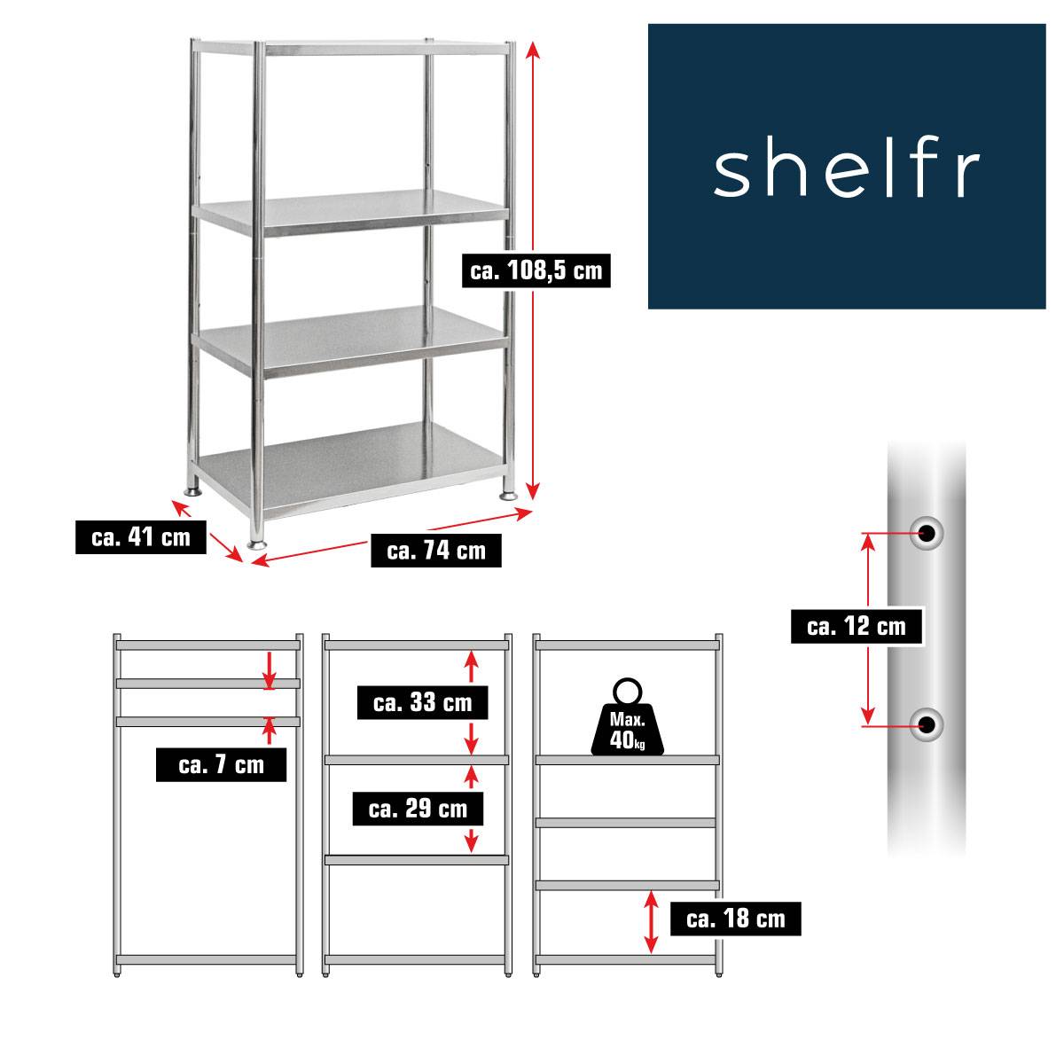 Edelstahl Regal bis 160kg - 4 Ebenen Schwerlastregal 74x41x109 Metallregal Küche