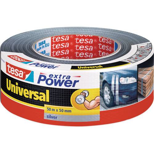 Tesa Power Universal' Klebeband-Rolle, 50 m x 50 mm, in Silber. Die Verpackung zeigt Bilder verschiedener Anwendungen, einschließlich Autoreparaturen.