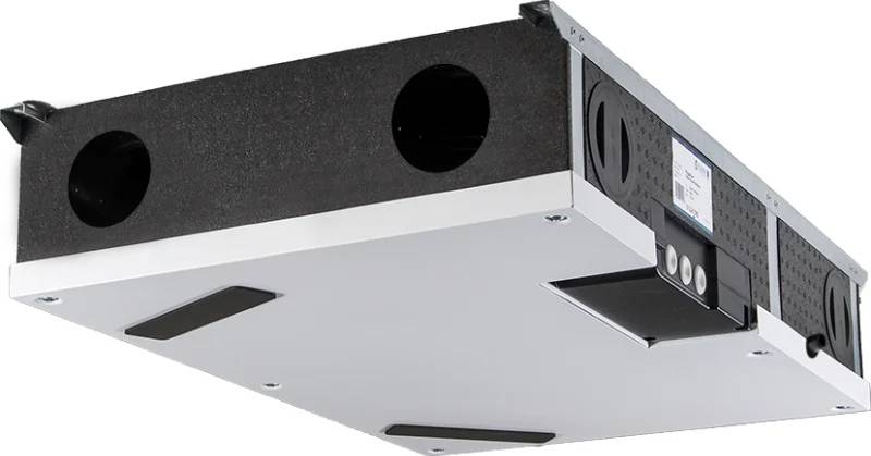 Unteransicht einer rechteckigen Metall-HVAC-/Lüftungseinheit mit kreisförmigen Öffnungen und Zugriffsklappen auf weißem Hintergrund.