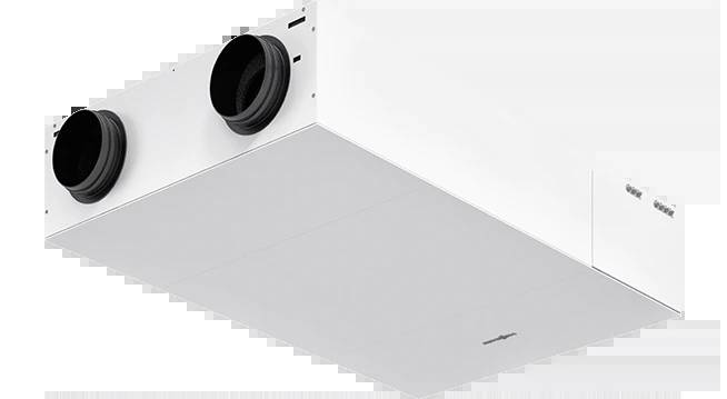 Weiße rechteckige an der Decke montierte Lüftungsanlage mit zwei runden schwarzen Luftöffnungen an einem Ende.