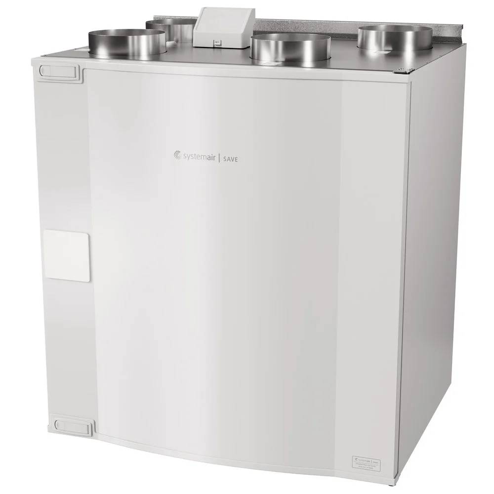 Weiße rechteckige HVAC-/Luftbehandlungsanlage mit metallischen Oberluftungen und Zugriffsklappen, dargestellt vor einem weißen Hintergrund.