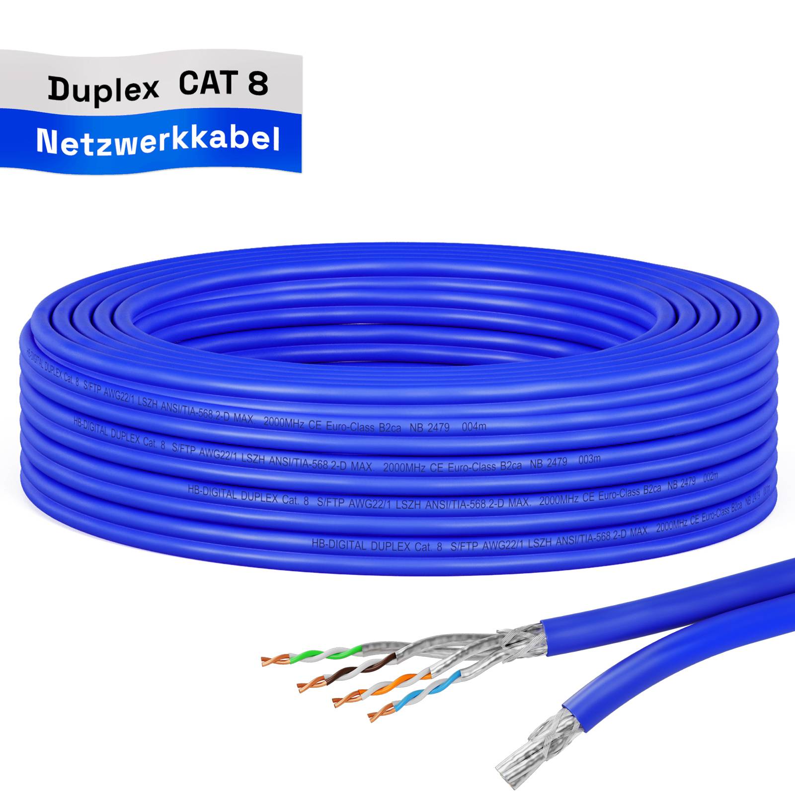 hb-digital Kabel CAT 8 Installationskabel Duplex Verlegekabel 10m max. 2000 MHz S/FTP AWG22 LSZH blau