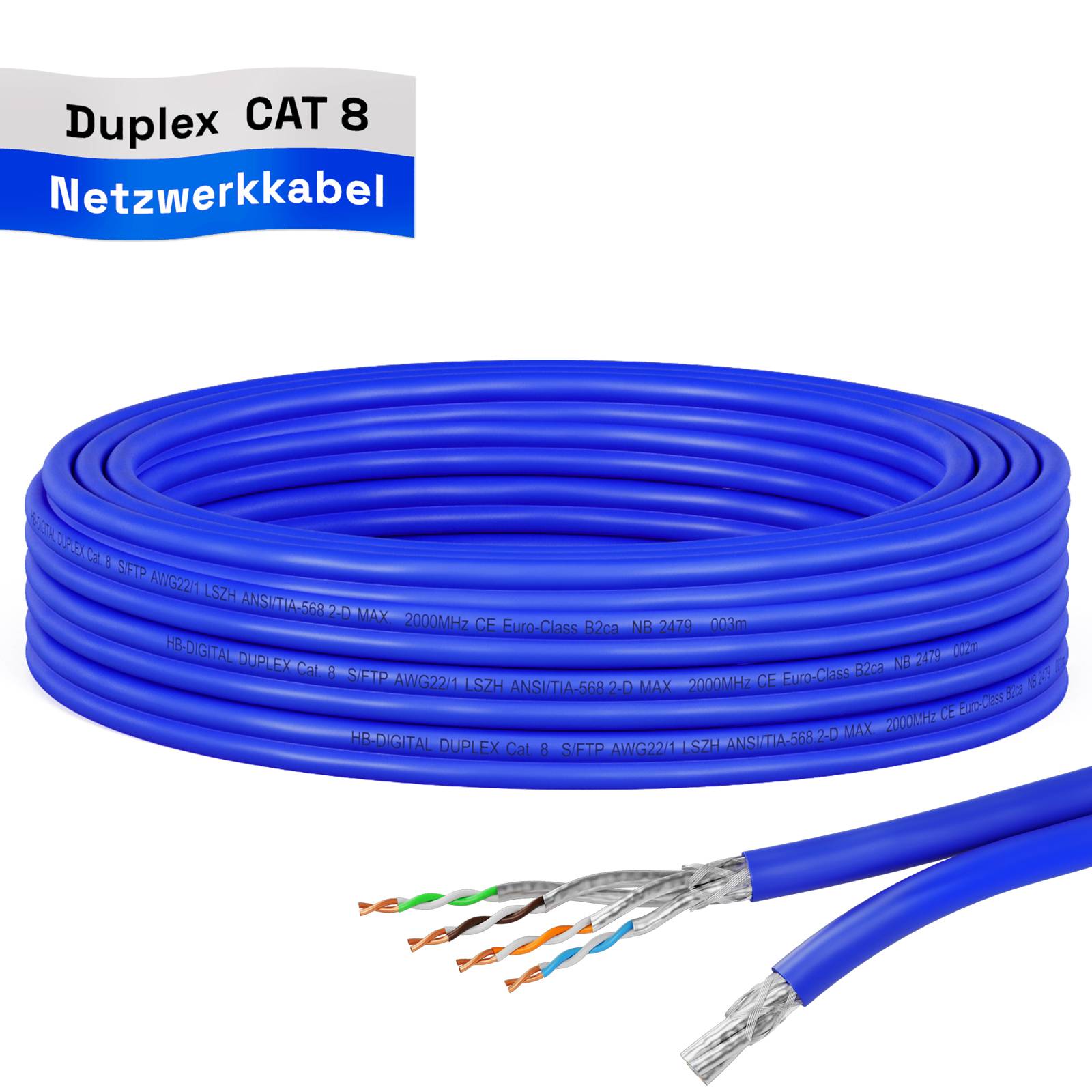 hb-digital CAT 8 Kabel Duplex Verlegekabel max. 2000 MHz S/FTP AWG22 LSZH blau