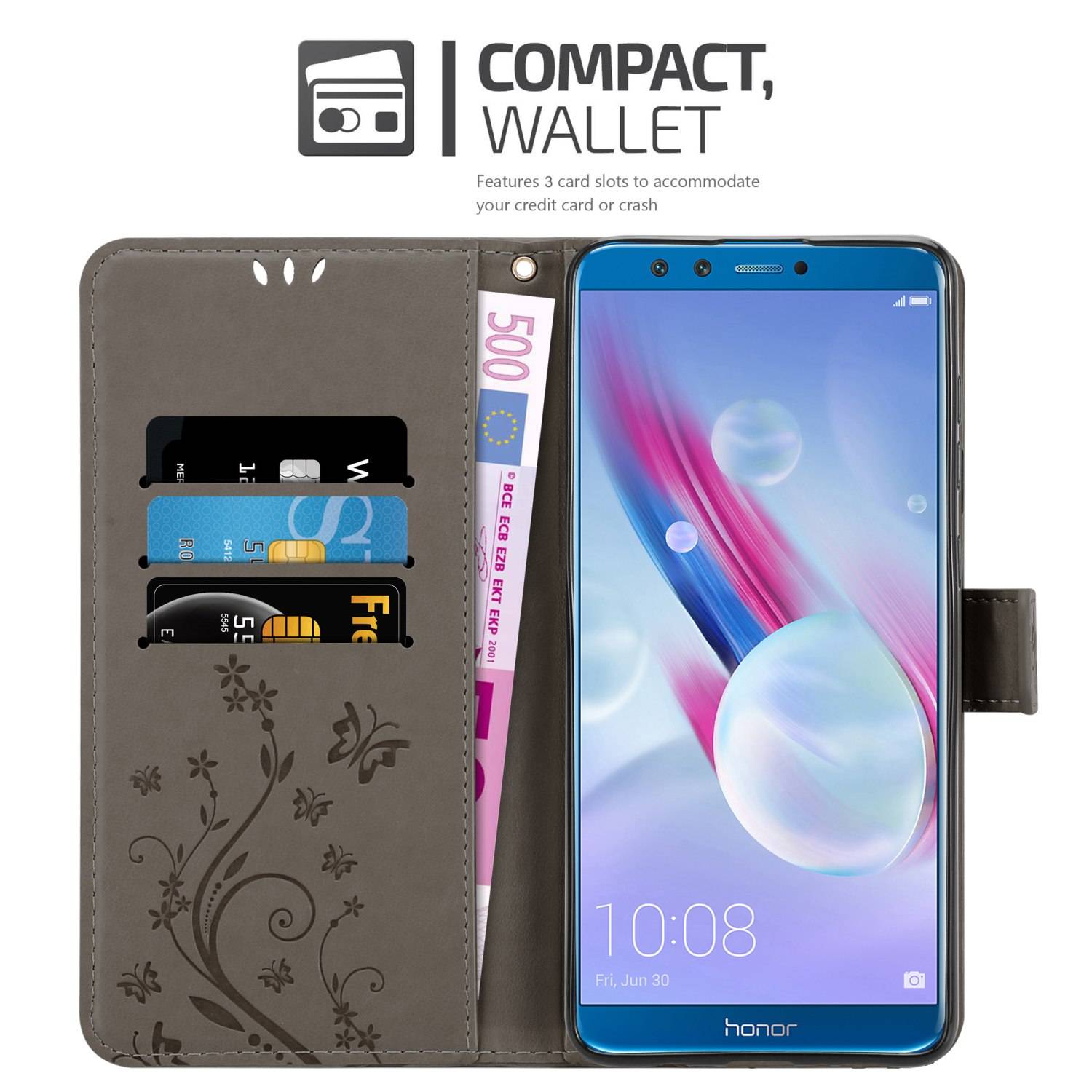 Cadorabo Hülle für Honor 9X LITE Schutz Hülle in Grau Schutzhülle Handy Hülle Etui Case Blumen Flower