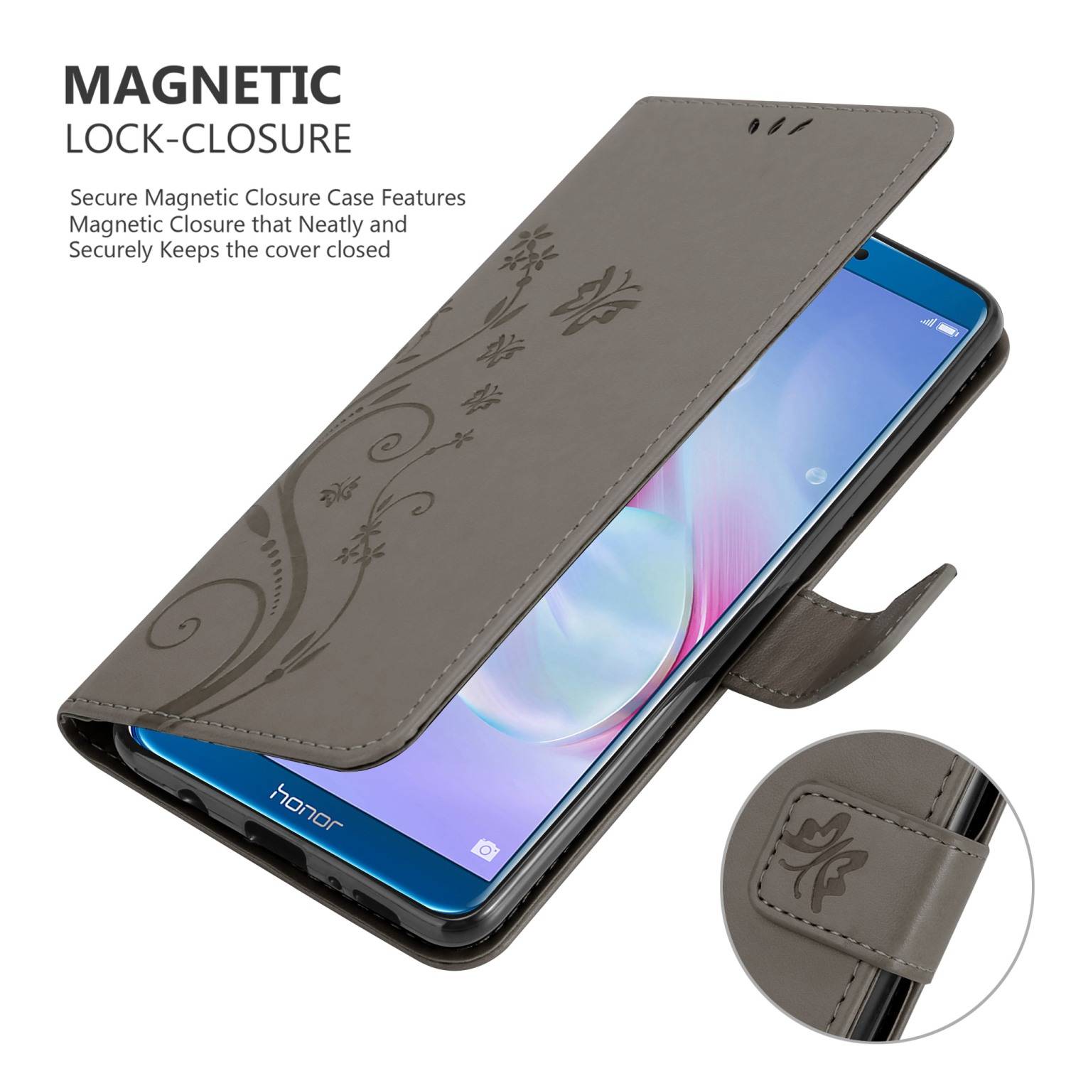 Cadorabo Hülle für Honor 9X LITE Schutz Hülle in Grau Schutzhülle Handy Hülle Etui Case Blumen Flower