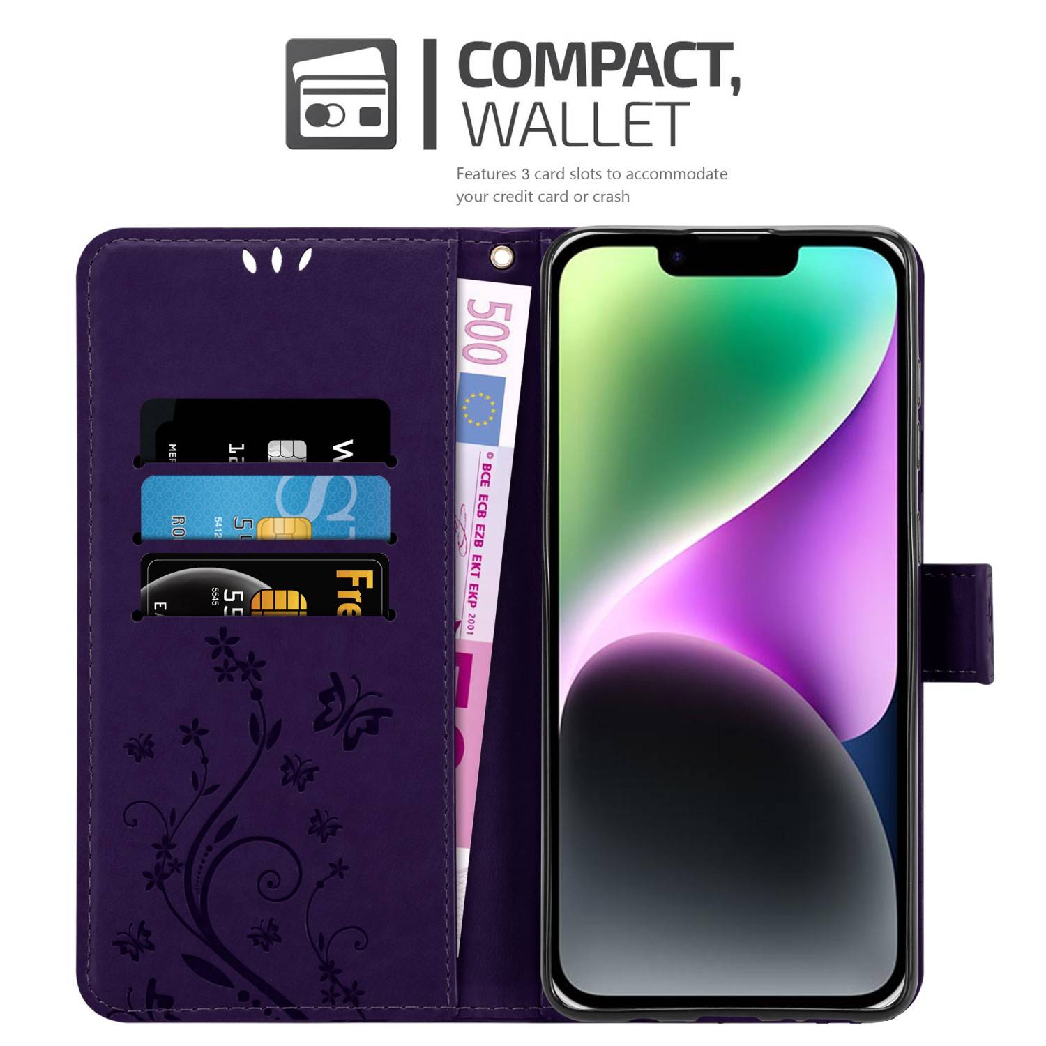 Cadorabo Hülle für Apple iPhone 14 Schutz Hülle in Lila Schutzhülle Handy Hülle Etui Case Blumen Flower
