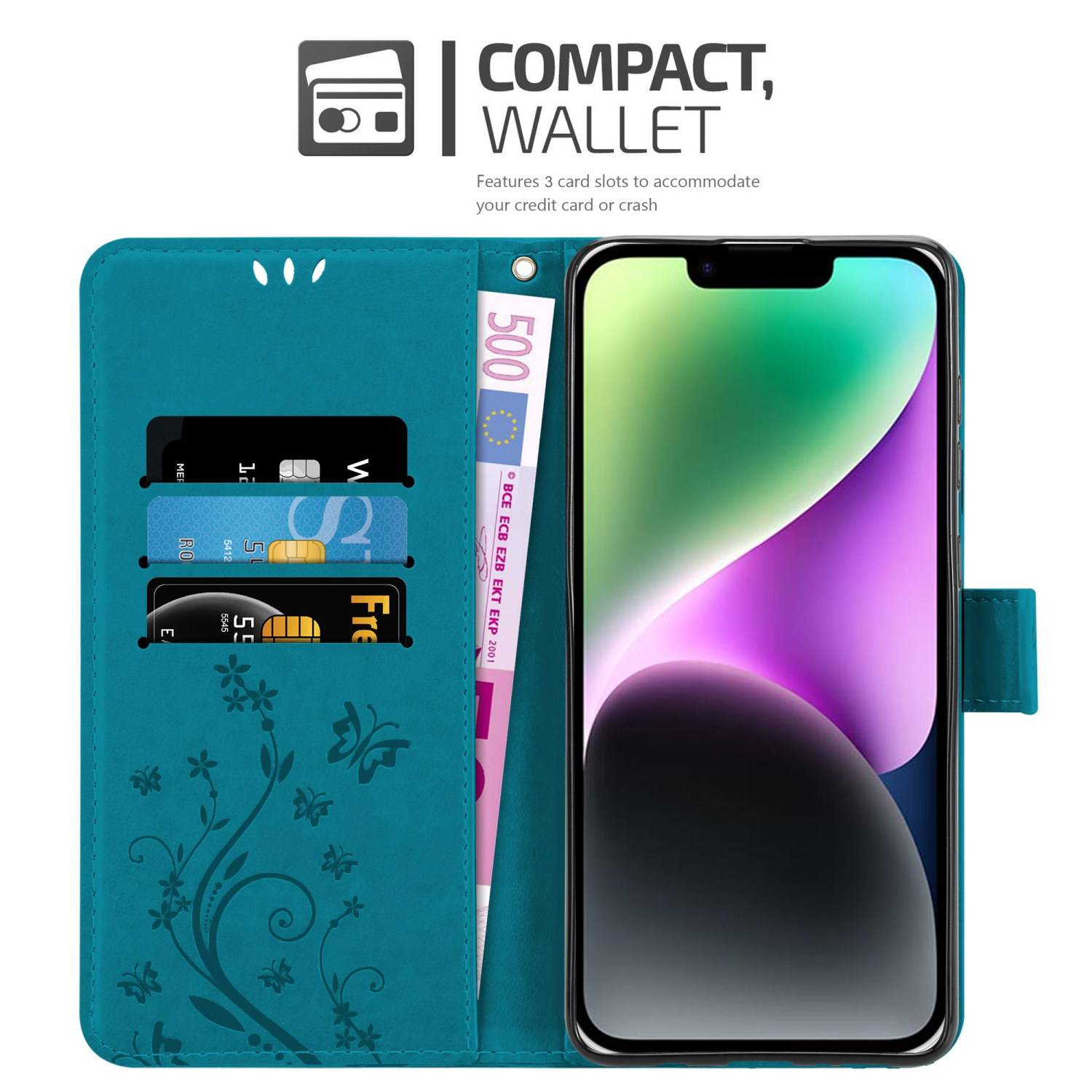 Cadorabo Hülle für Apple iPhone 14 Schutz Hülle in Blau Schutzhülle Handy Hülle Etui Case Blumen Flower