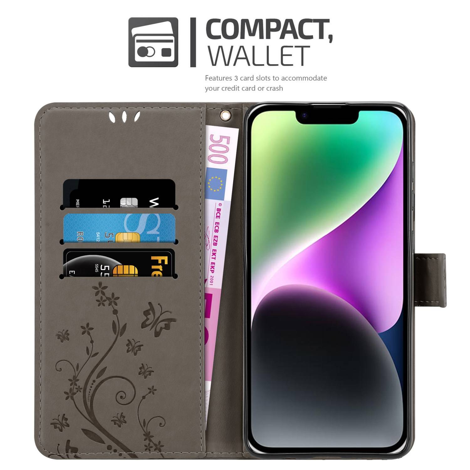 Cadorabo Hülle für Apple iPhone 14 PLUS Schutz Hülle in Grau Schutzhülle Handy Hülle Etui Case Blumen Flower