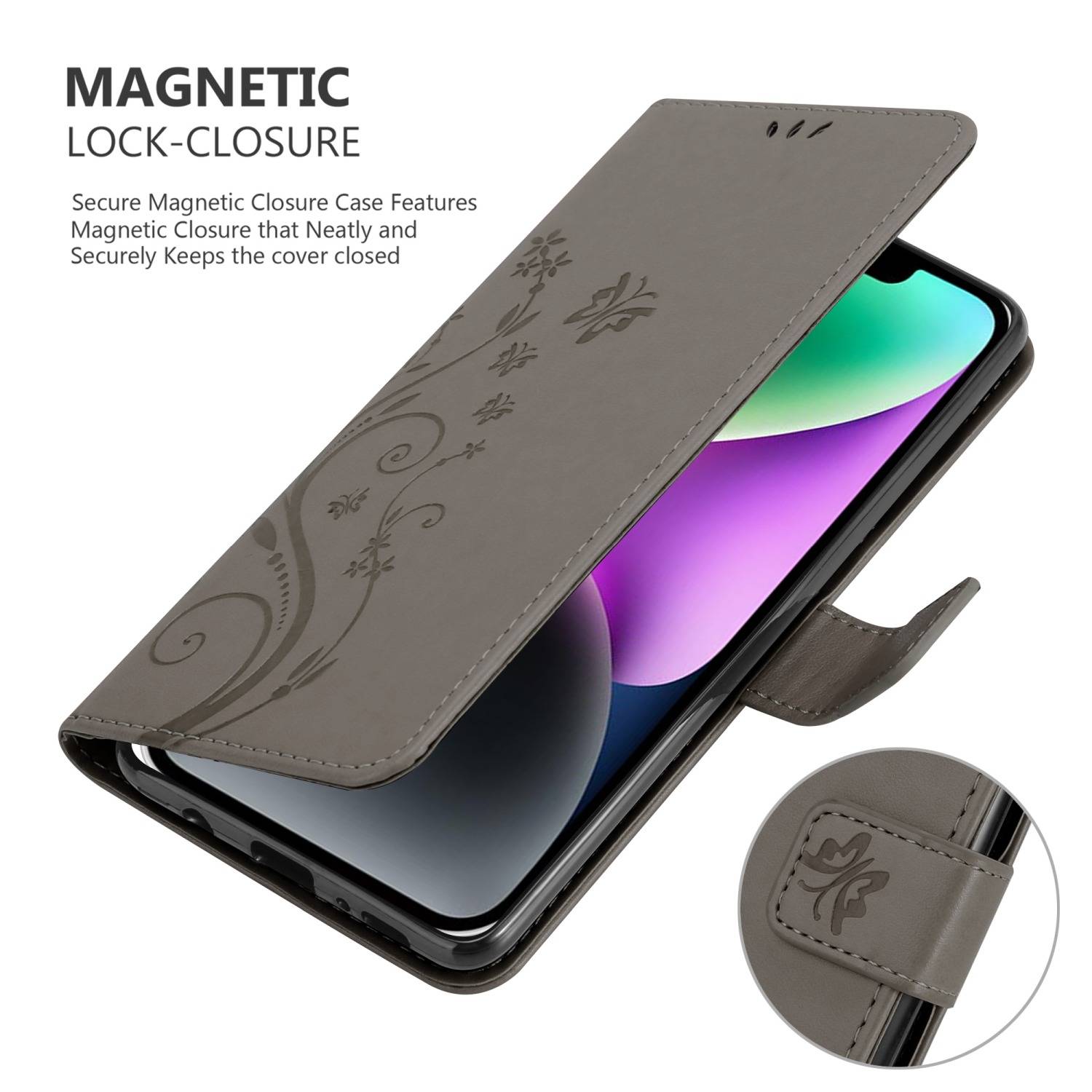 Cadorabo Hülle für Apple iPhone 14 PLUS Schutz Hülle in Grau Schutzhülle Handy Hülle Etui Case Blumen Flower