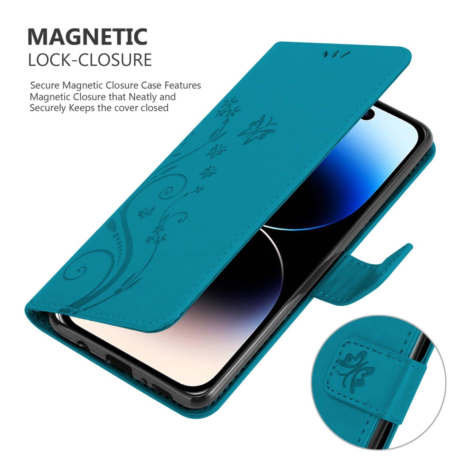 Cadorabo Hülle für Apple iPhone 14 PRO Schutz Hülle in Blau Schutzhülle Handy Hülle Etui Case Blumen Flower