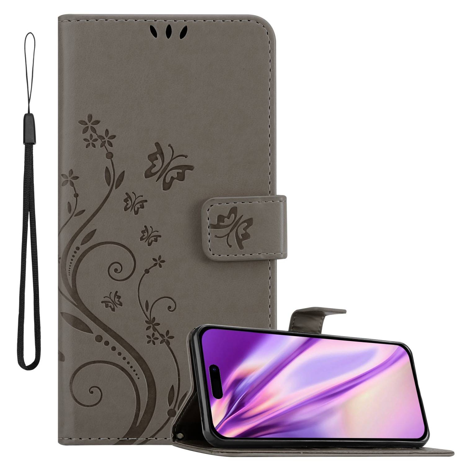 Cadorabo Hülle für Apple iPhone 14 PRO MAX Schutz Hülle in Grau Schutzhülle Handy Hülle Etui Case Blumen Flower