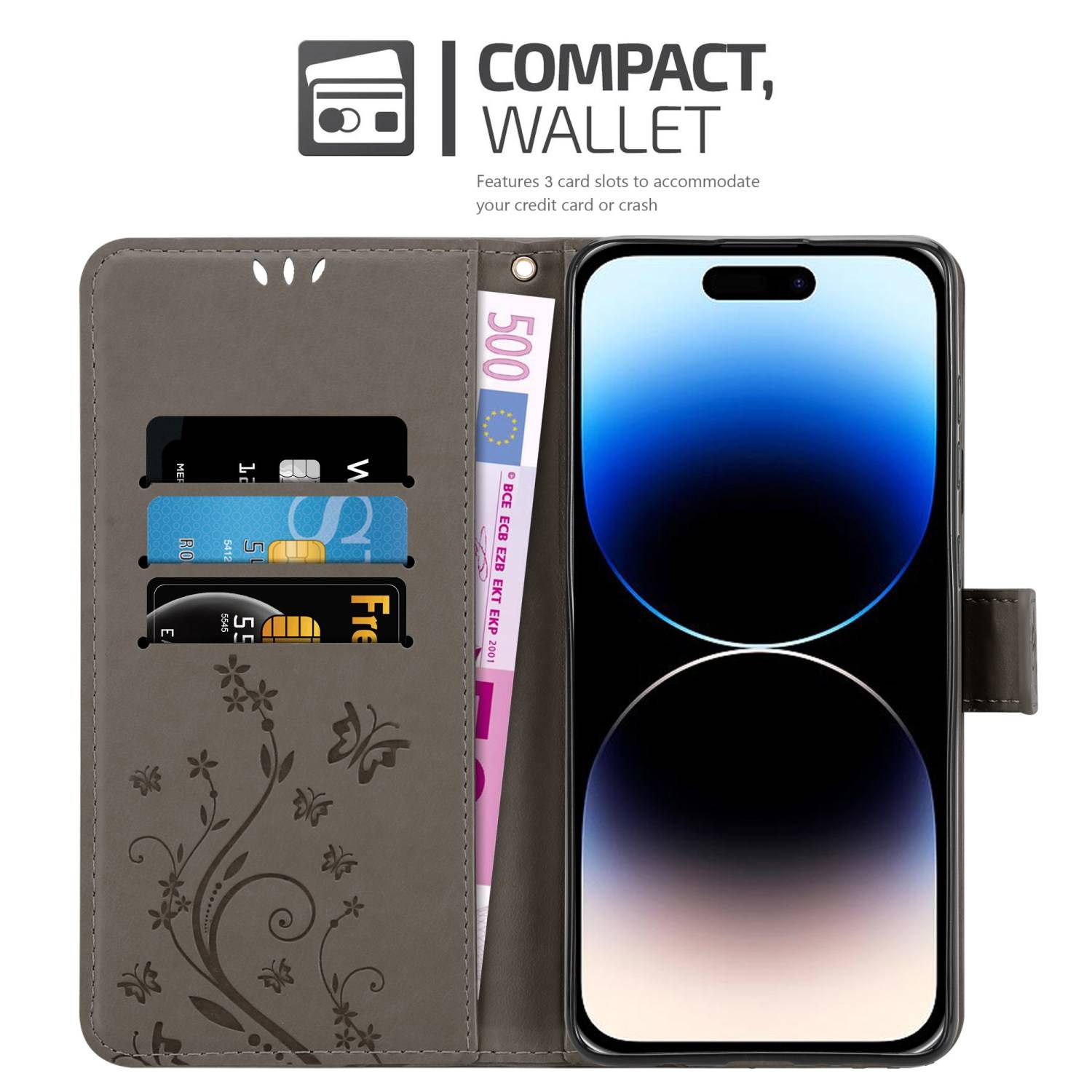 Cadorabo Hülle für Apple iPhone 14 PRO MAX Schutz Hülle in Grau Schutzhülle Handy Hülle Etui Case Blumen Flower