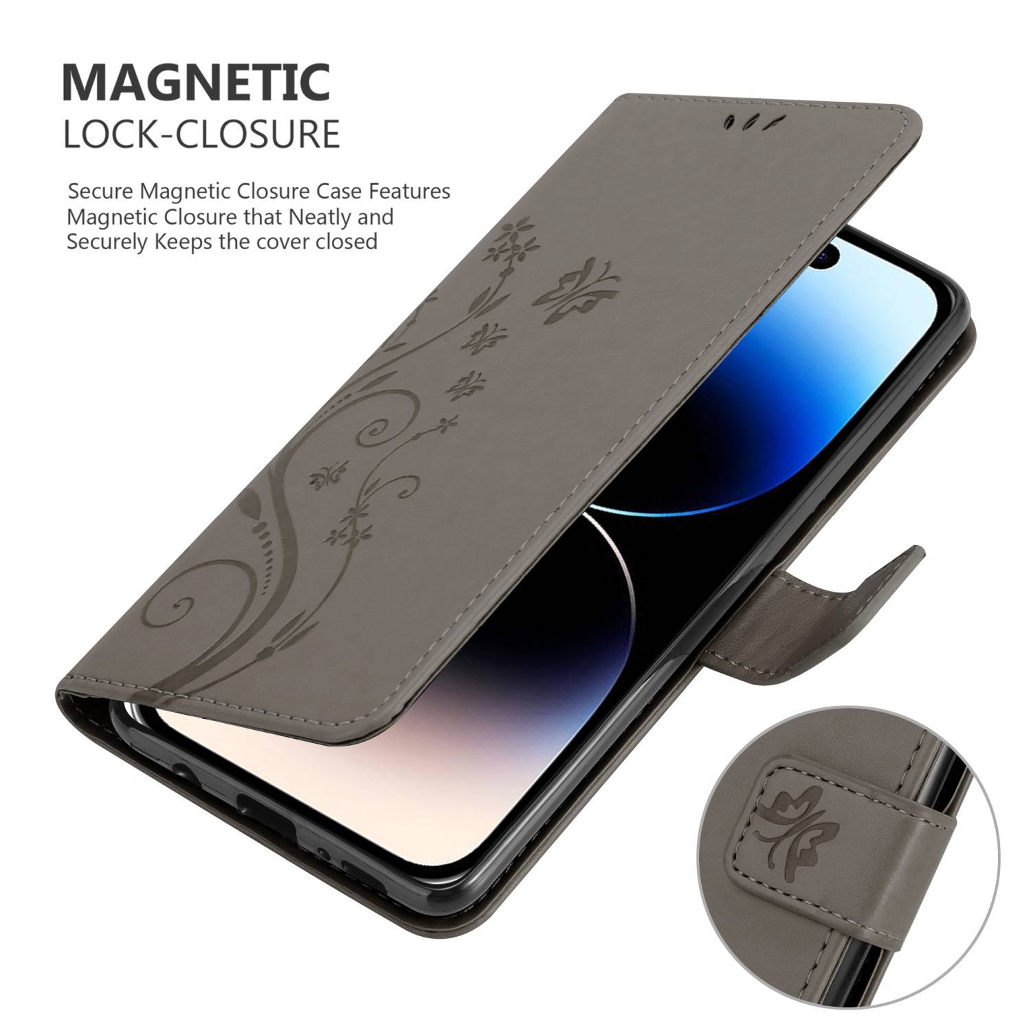 Cadorabo Hülle für Apple iPhone 14 PRO MAX Schutz Hülle in Grau Schutzhülle Handy Hülle Etui Case Blumen Flower