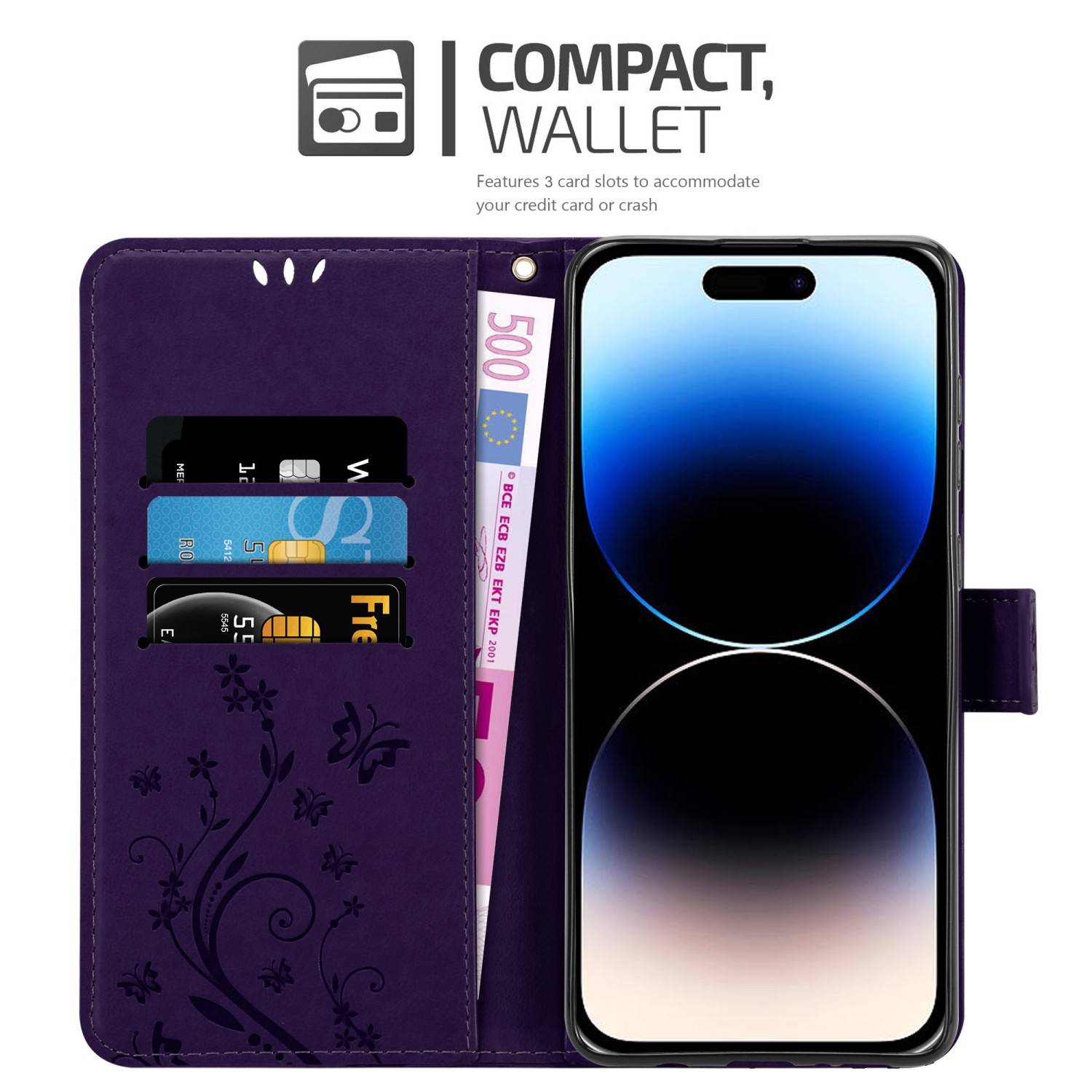 Cadorabo Hülle für Apple iPhone 14 PRO MAX Schutz Hülle in Lila Schutzhülle Handy Hülle Etui Case Blumen Flower