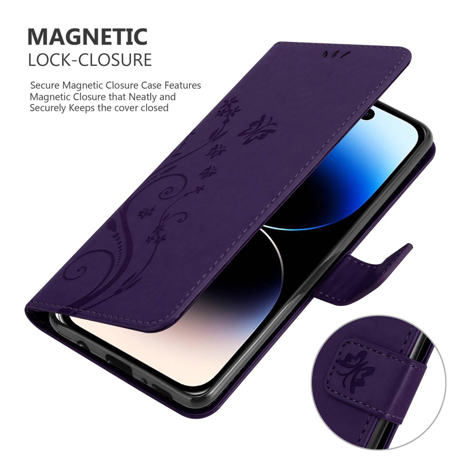 Cadorabo Hülle für Apple iPhone 14 PRO MAX Schutz Hülle in Lila Schutzhülle Handy Hülle Etui Case Blumen Flower