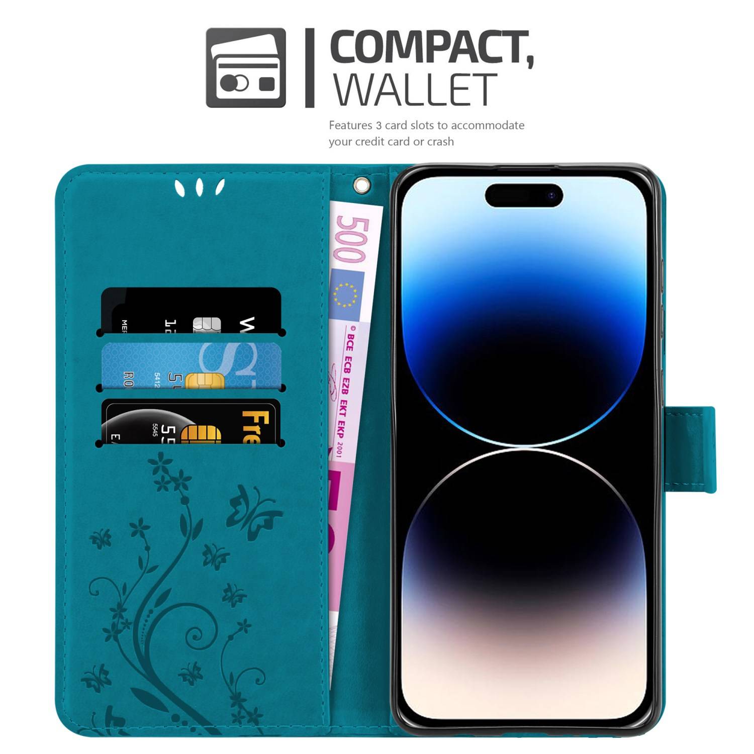 Cadorabo Hülle für Apple iPhone 14 PRO MAX Schutz Hülle in Blau Schutzhülle Handy Hülle Etui Case Blumen Flower