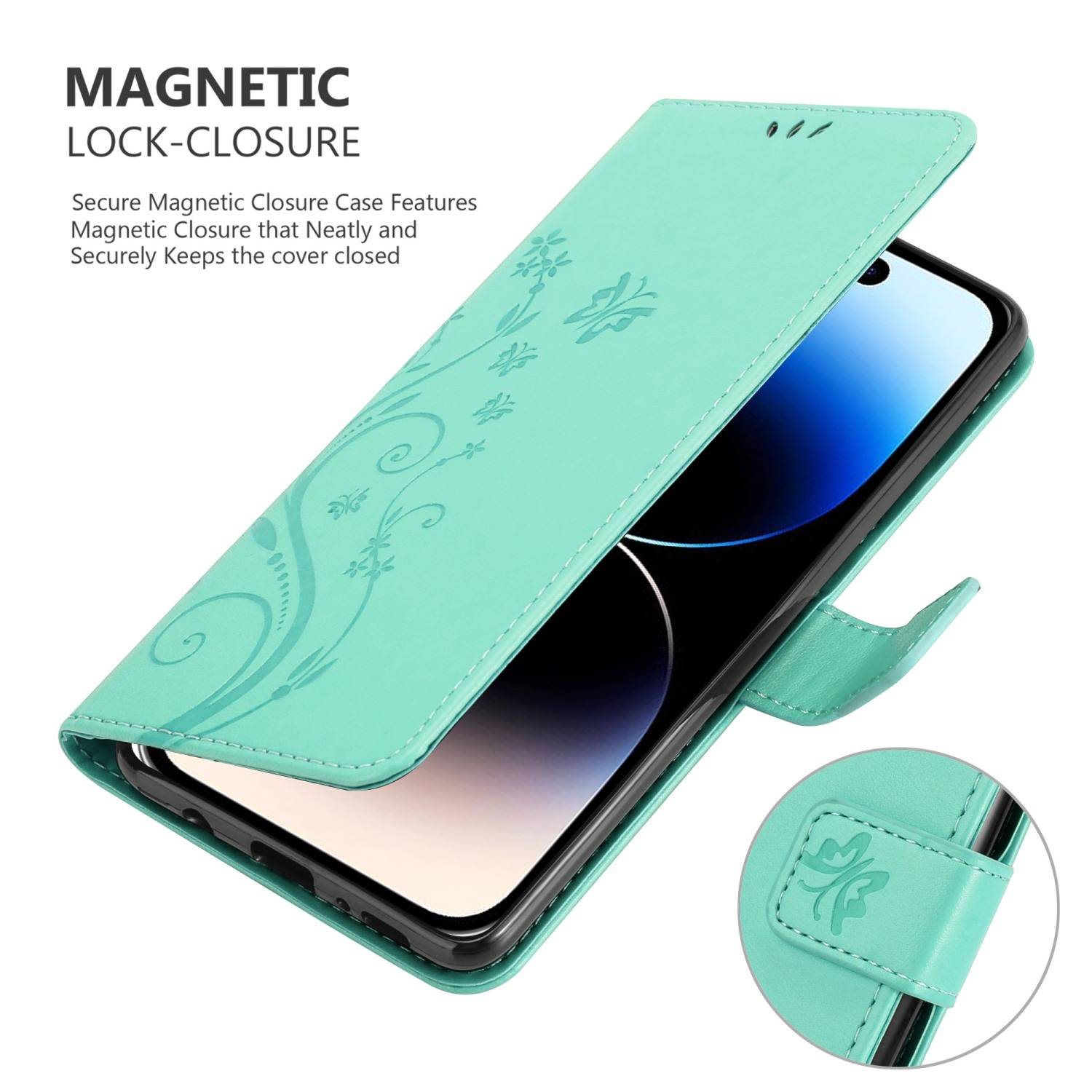 Cadorabo Hülle für Apple iPhone 14 PRO MAX Schutz Hülle in Türkis Schutzhülle Handy Hülle Etui Case Blumen Flower