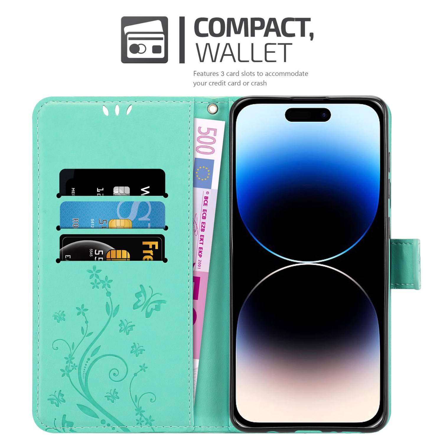 Cadorabo Hülle für Apple iPhone 14 PRO MAX Schutz Hülle in Türkis Schutzhülle Handy Hülle Etui Case Blumen Flower