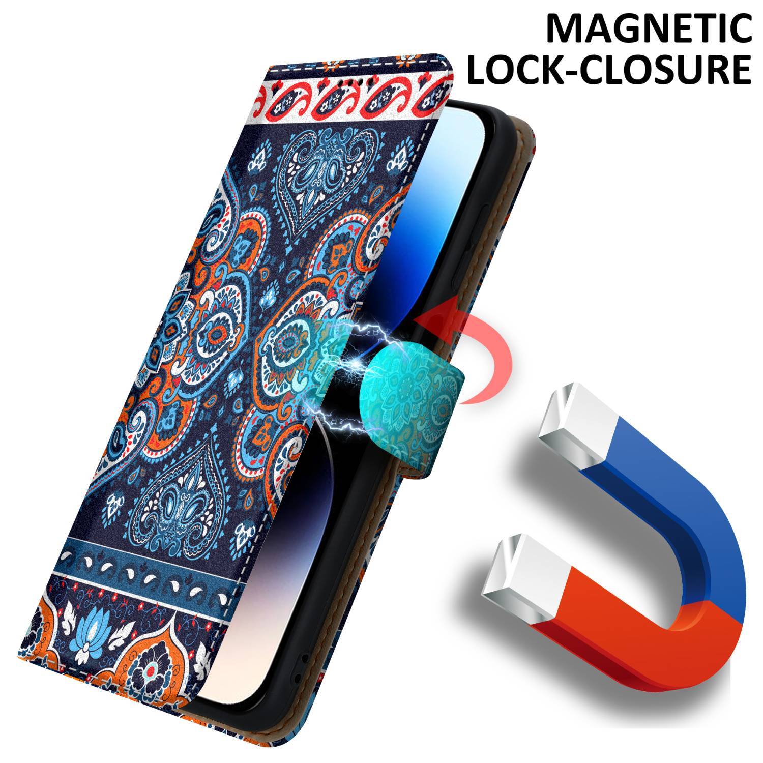 Cadorabo Schutzhülle für Apple iPhone 14 PRO Hülle Design Blau Handyhülle Schutzhülle Etui Magnetisch Case Cover