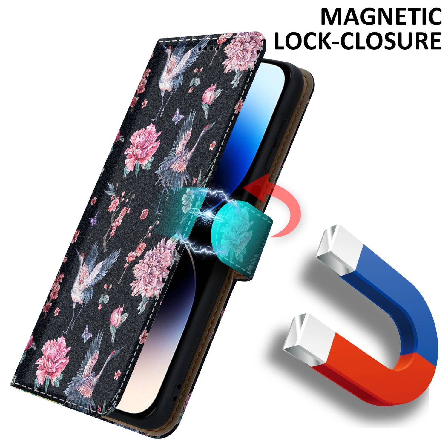 Cadorabo Schutzhülle für Apple iPhone 14 PRO Hülle Design Schwarz Handyhülle Schutzhülle Etui Magnetisch Case Cover