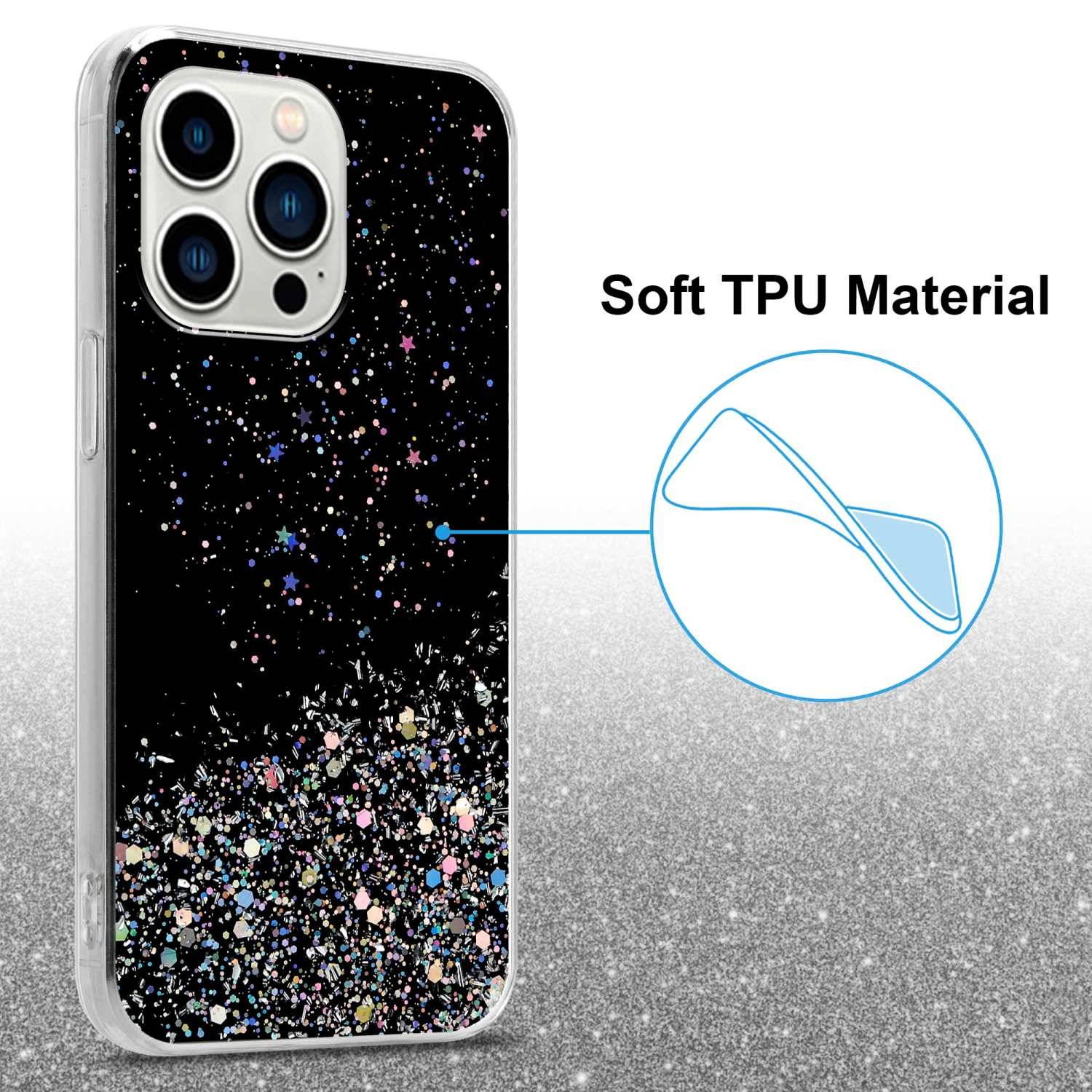 Cadorabo Hülle für Apple iPhone 14 PRO Schutz Hülle in Schwarz Handyhülle TPU Etui Glitter Cover Case Glitzer