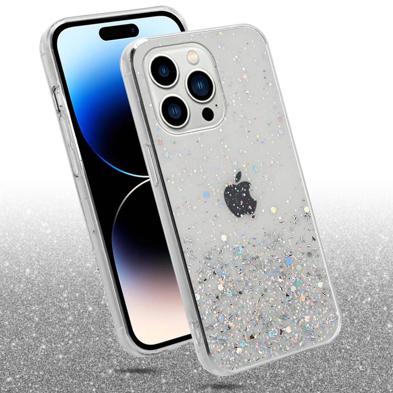 Cadorabo Hülle für Apple iPhone 14 PRO Schutz Hülle in Transparent Handyhülle TPU Etui Glitter Cover Case Glitzer
