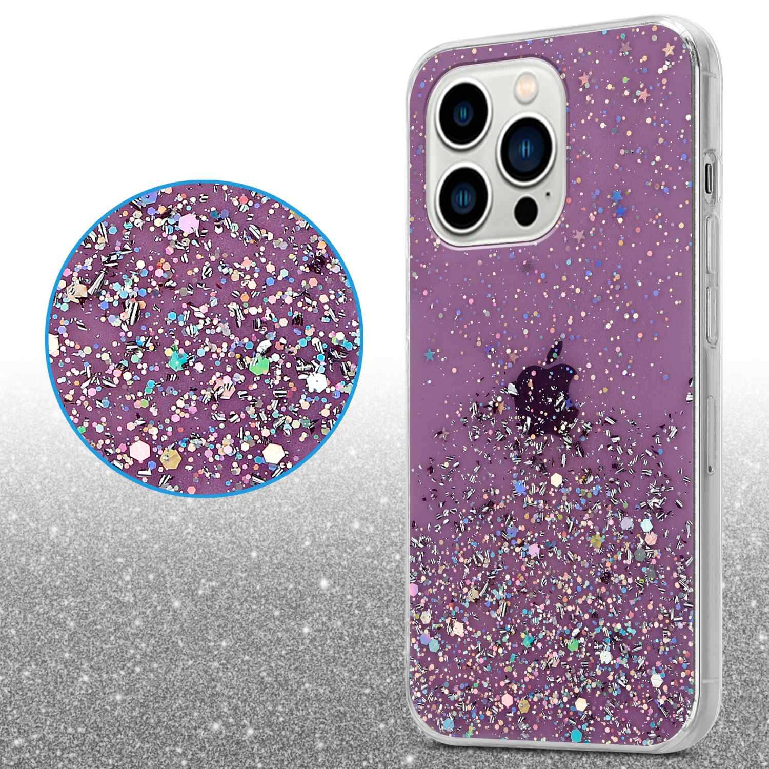 Cadorabo Hülle für Apple iPhone 14 PRO MAX Schutz Hülle in Lila Handyhülle TPU Etui Glitter Cover Case Glitzer