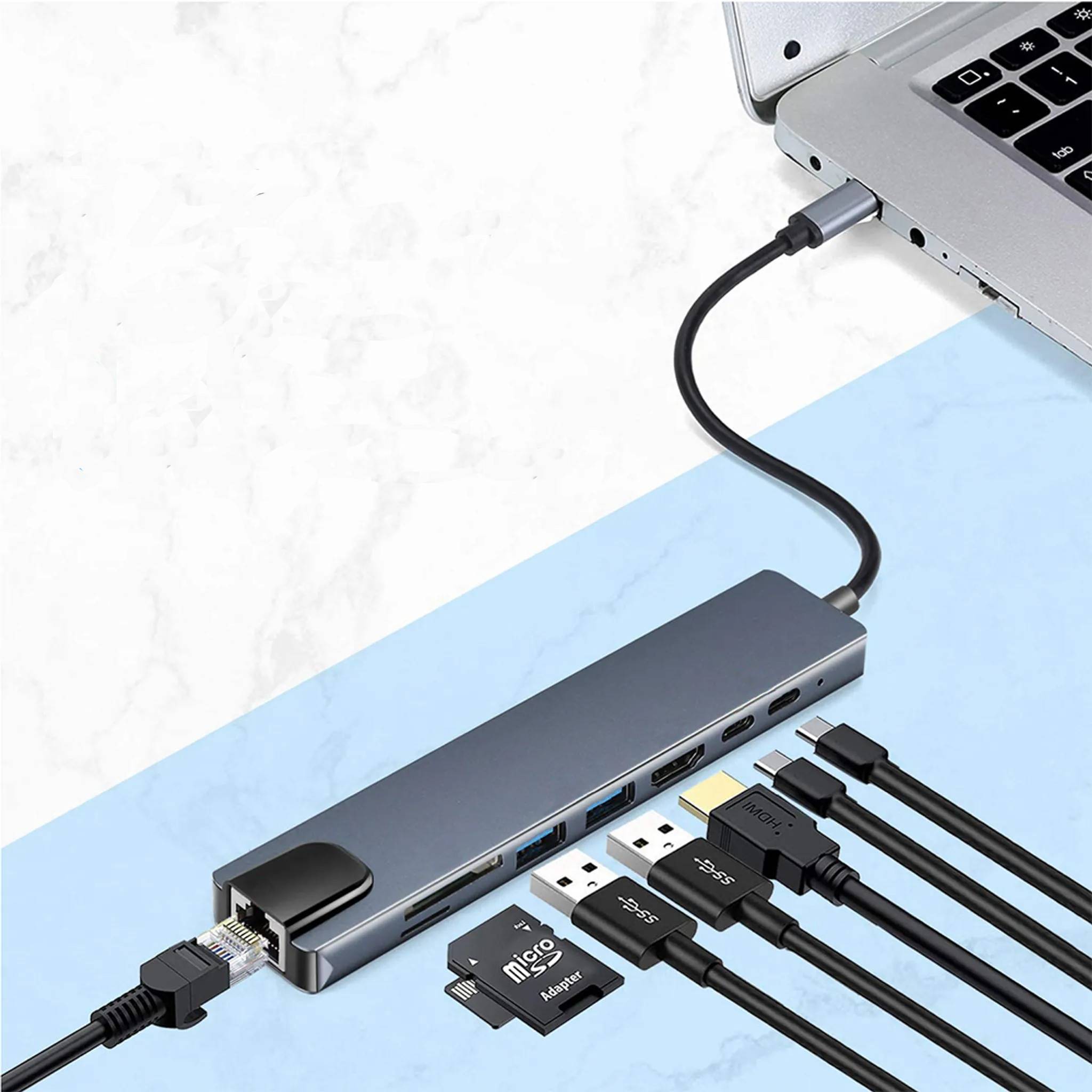 ENGELMANN TypC-Hub-8 | USB-C zu HDMI, RJ45, SD-Karte, USB Typ-A