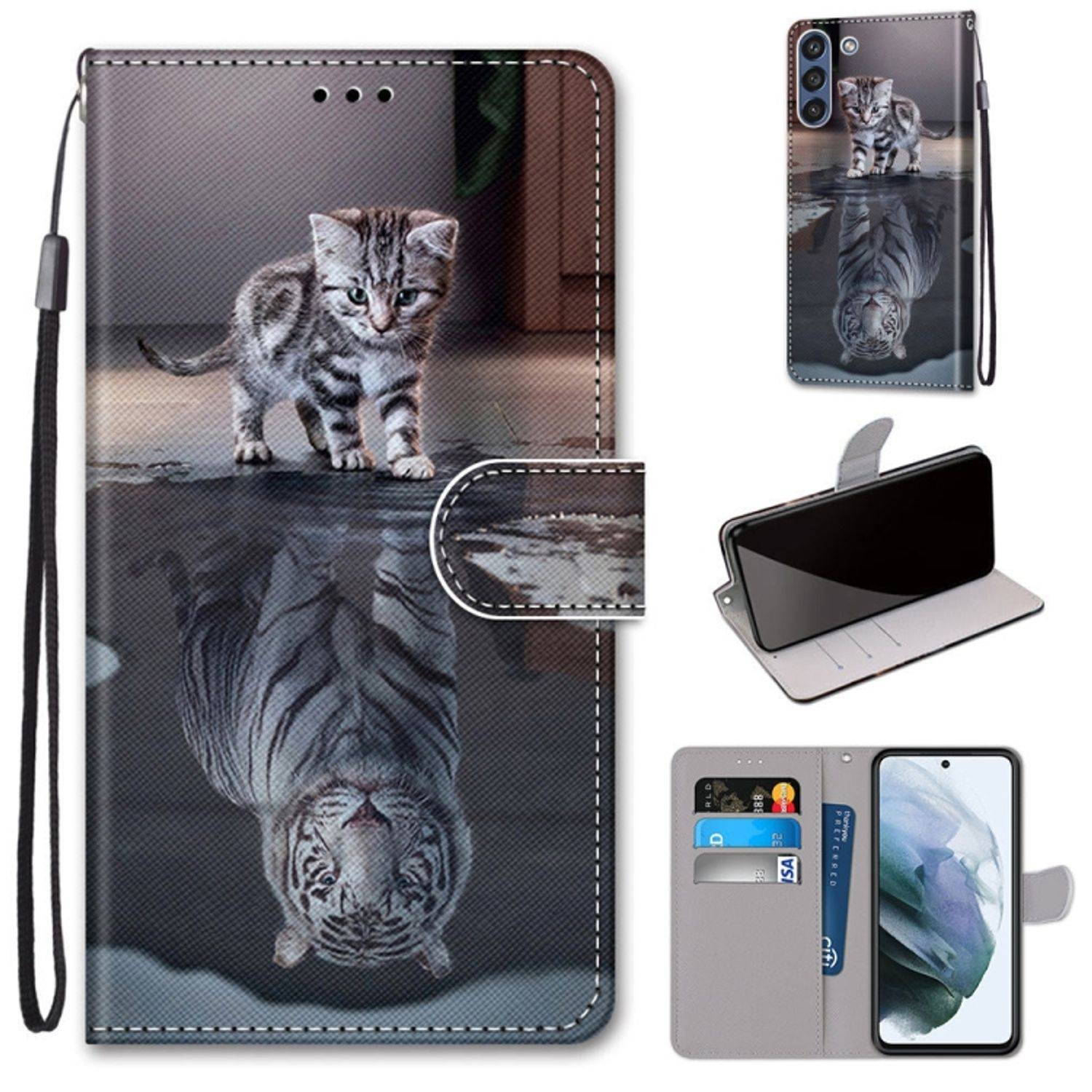 Hülle kompatibel mit Samsung Galaxy S21 FE Kunstleder Handyhülle - Handy Case Katze wird zum Tiger