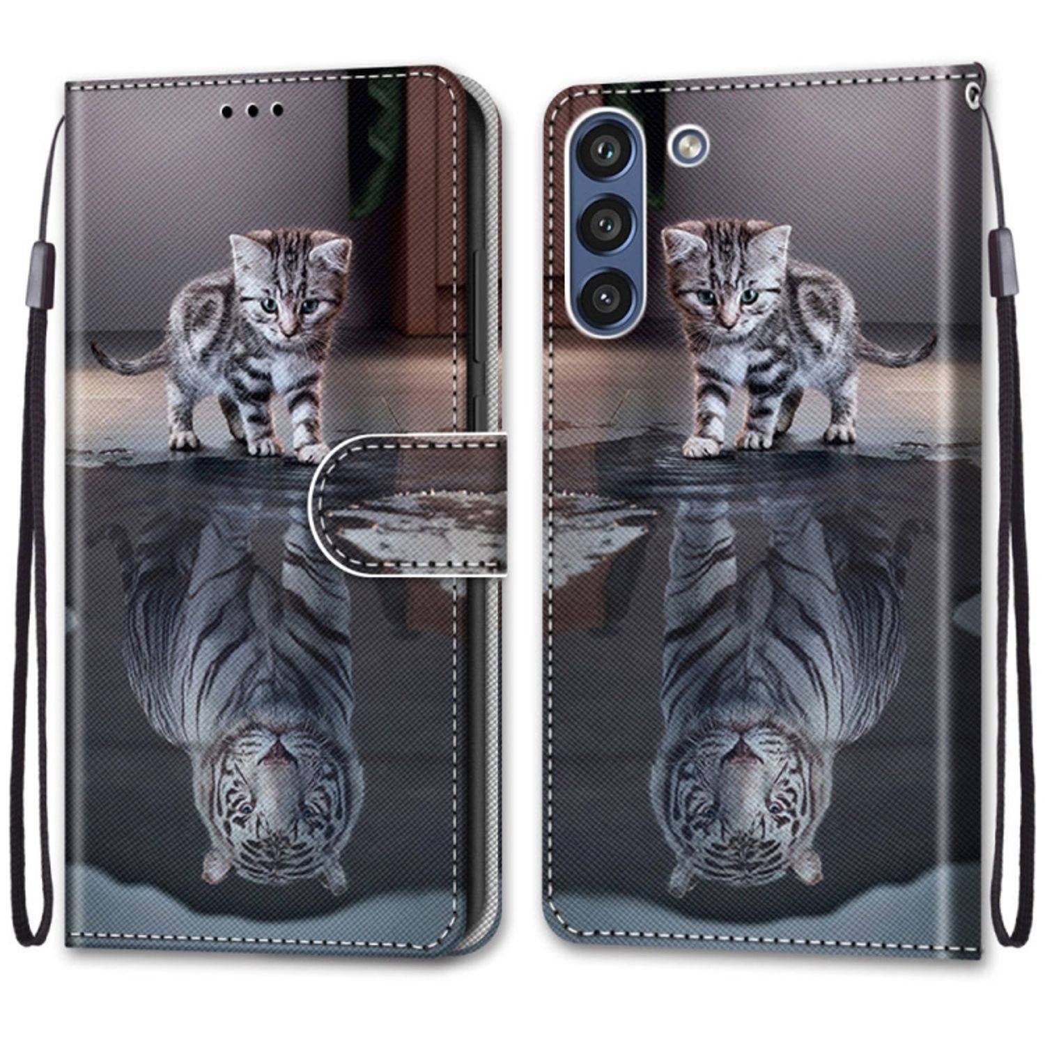 Hülle kompatibel mit Samsung Galaxy S21 FE Kunstleder Handyhülle - Handy Case Katze wird zum Tiger