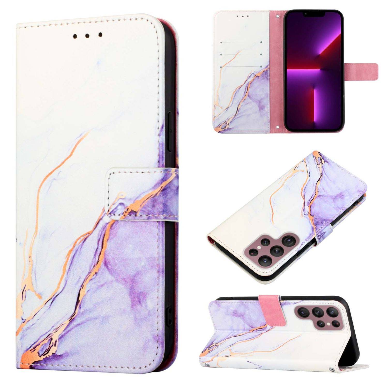 Hülle kompatibel mit Samsung Galaxy S22 Ultra 5G Kunstleder Handyhülle - Handy Case Weiß Lila