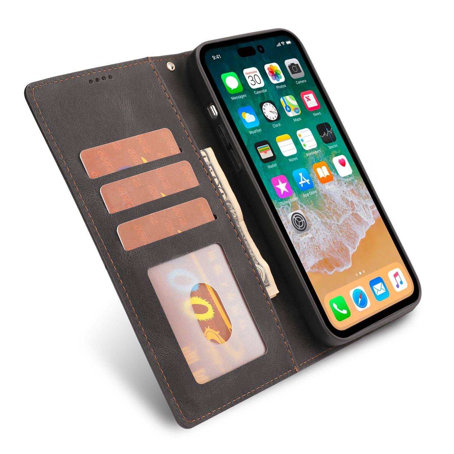 Hülle kompatibel mit Apple iPhone 14 Pro Kunstleder Handyhülle - Handy Case Schwarz