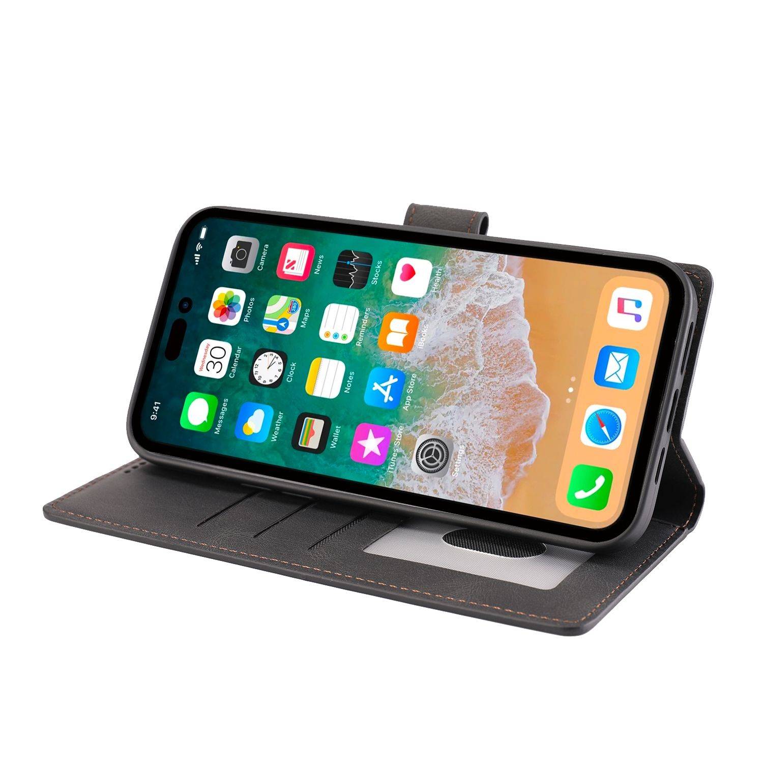 Hülle kompatibel mit Apple iPhone 14 Pro Kunstleder Handyhülle - Handy Case Schwarz