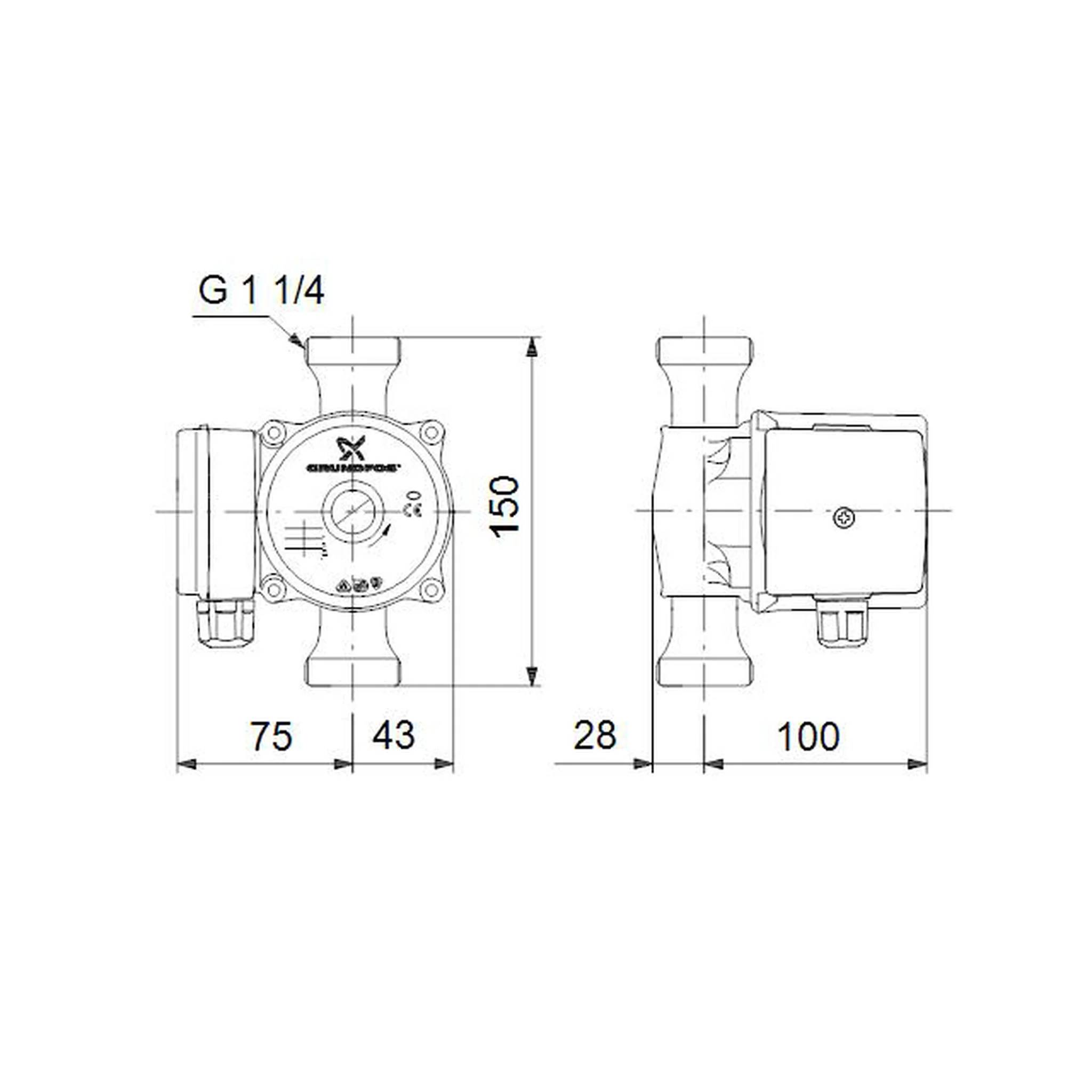 Technische Maßzeichnung einer Pumpe mit Vorder- und Seitenansicht, bezeichnet G 1 1/4, Gesamthöhe 150, und Breiten 75, 43, 28 und 100.
