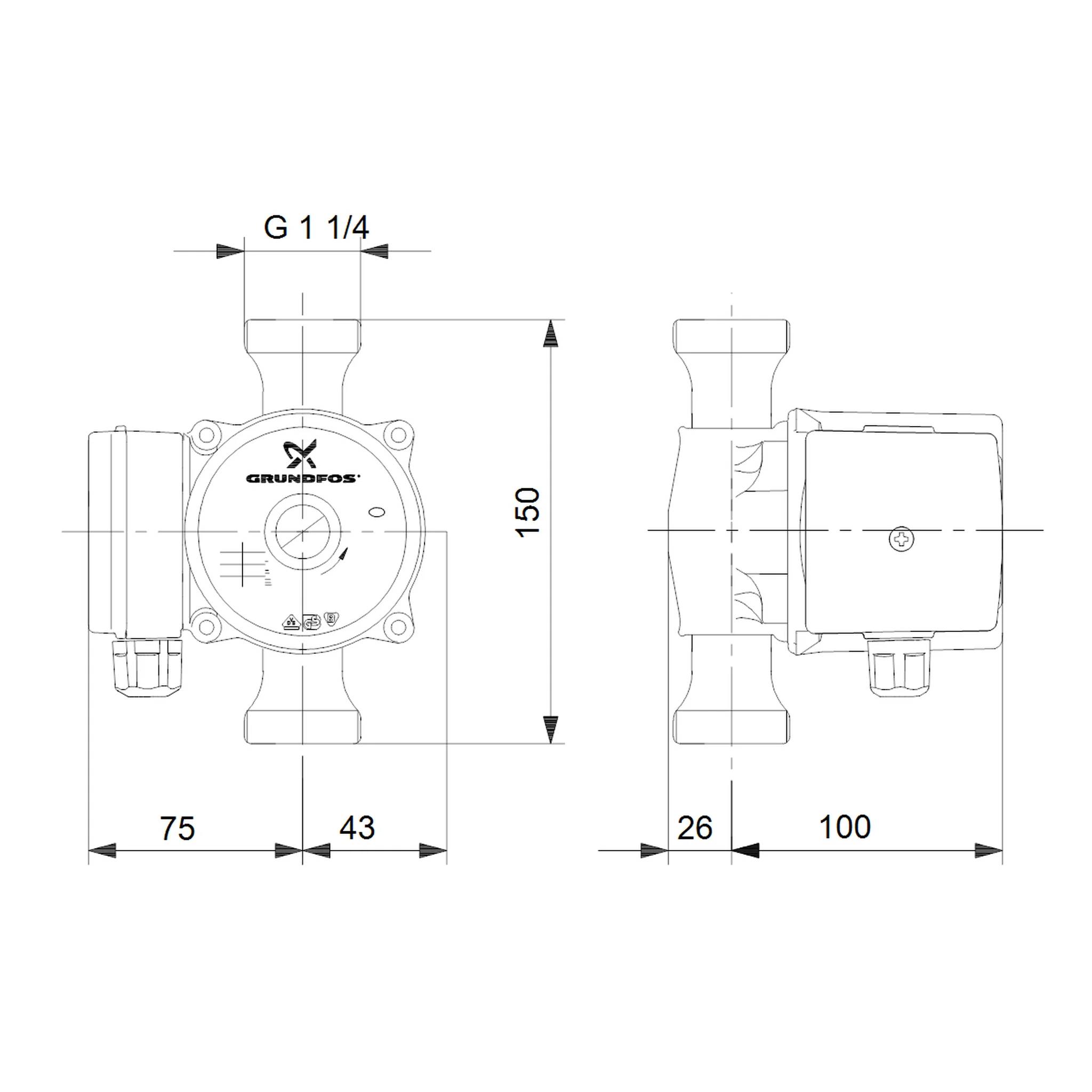 Technische Maßzeichnung einer Grundfos-Pumpe in Front- und Seitenansicht, gekennzeichnet mit G 1 1/4, mit Schlüsselmaßen 150, 75, 43, 26 und 100 mm.